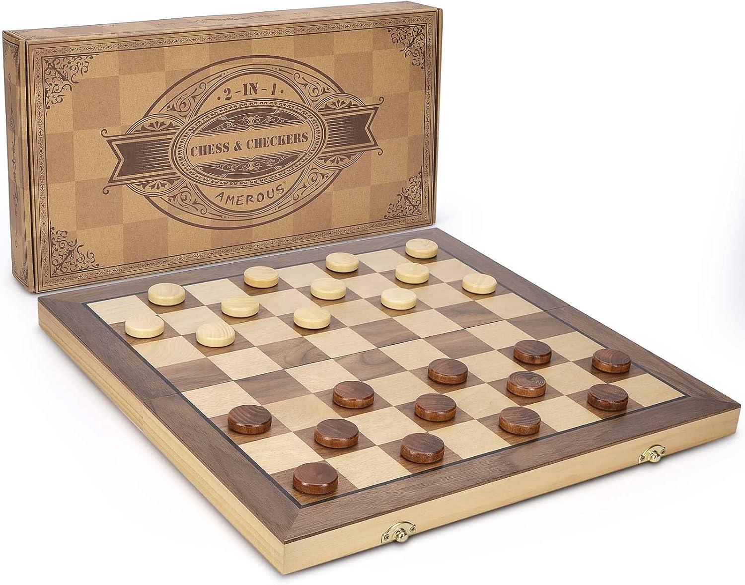 AMEROUS 15'' Magnetic Wooden Chess & Checkers Game Set -2 Extra Queens -24 Cherkers Pieces - Chessmen Storage Slots, Beginner Chess Set for Kids and Adults, Classic 2 in 1 Board Games - Unique Gift Market