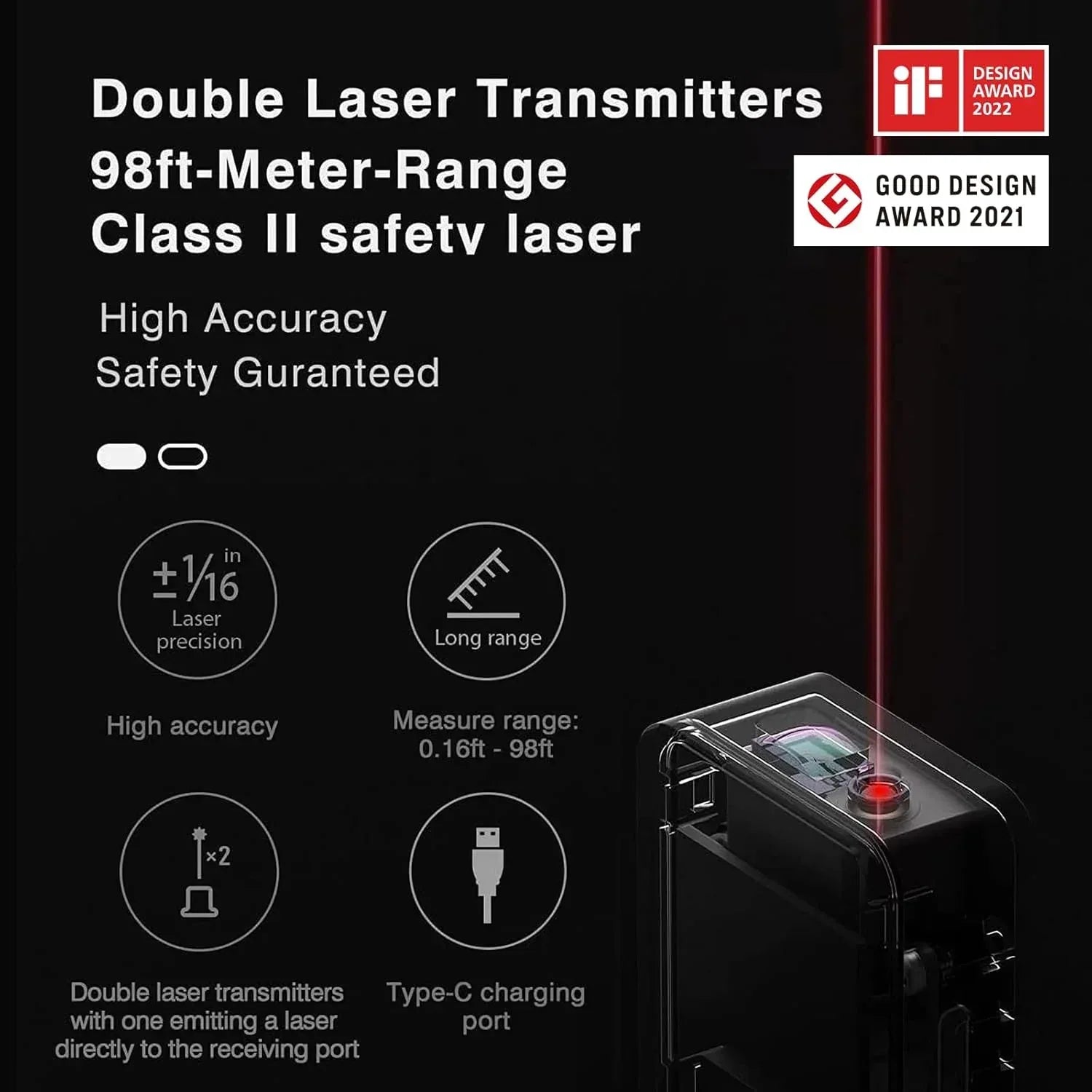 HOTO Laser Measuring Tool, Pocket-Size 98Ft Digital Laser Tape Measure ±2mm Accuracy, USB-C Rechargeable, OLED Display, Ft/M/in Unit Conversion, Real-time Data Sync, Cool Gadgets for Men & Home Use - Unique Gift Market