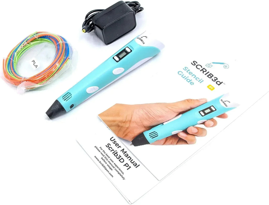 SCRIB3D P1 3D Printing Pen with Display - Includes 3D Pen, 3 Starter Colors of PLA Filament, Stencil Book + Project Guide, and Power adapter - Unique Gift Market