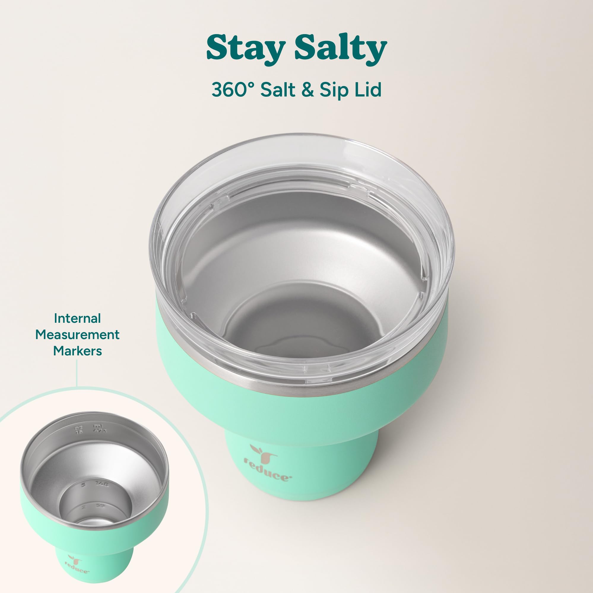 REDUCE Saltini 16 oz Cocktail Tumbler - Insulated Margarita Tumbler with Lid - Keeps Drinks Cold for 10 Hours - 360 Sippable Martini Glass Alternative - Shatterproof, Perfect for Parties - Sea Glass