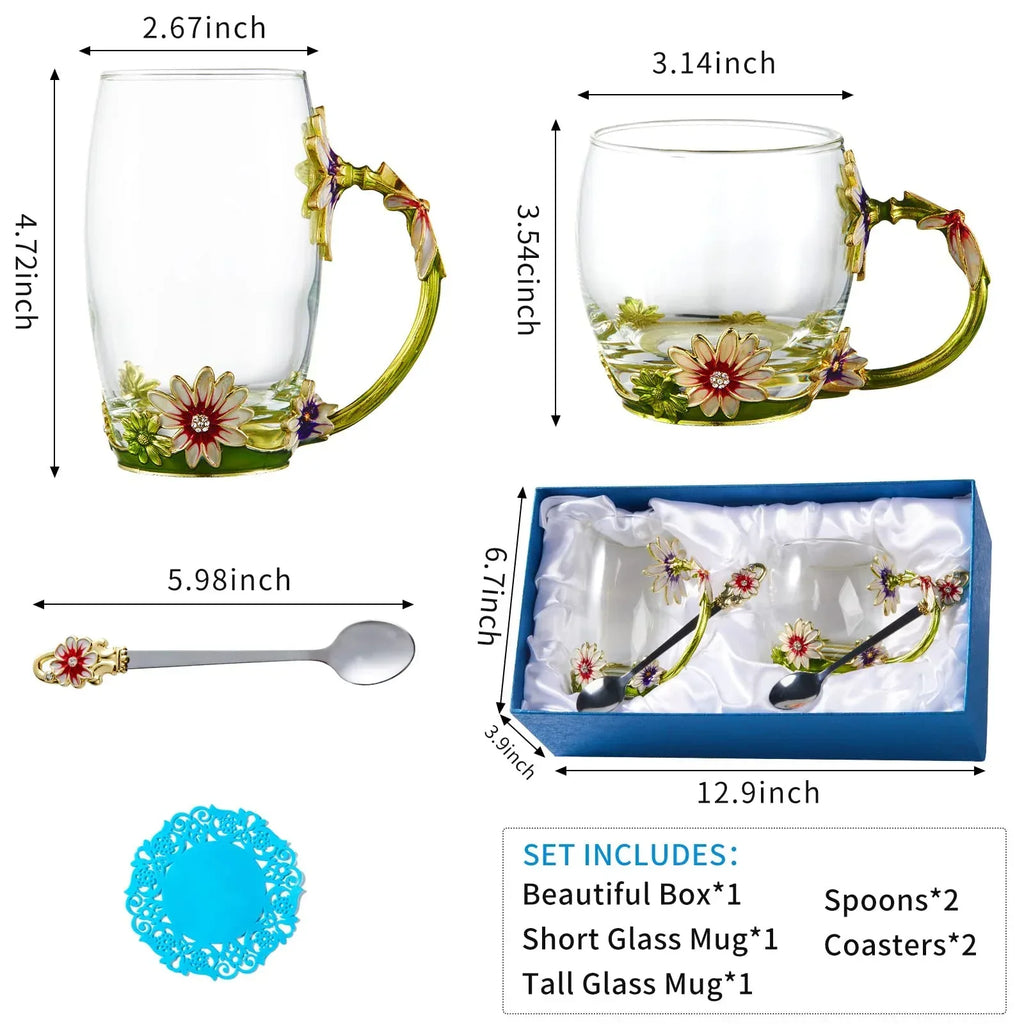 Tea Cup Glass Coffee Mugs,Fancy Tea Cup Set Birthday Christmas Valentine's Day Gift Idea for Tea Lover and Women Novelty Coffee Mugs Rose Flower Enamel Tea Cup Glass Mug with Spoon Set - Unique Gift Market