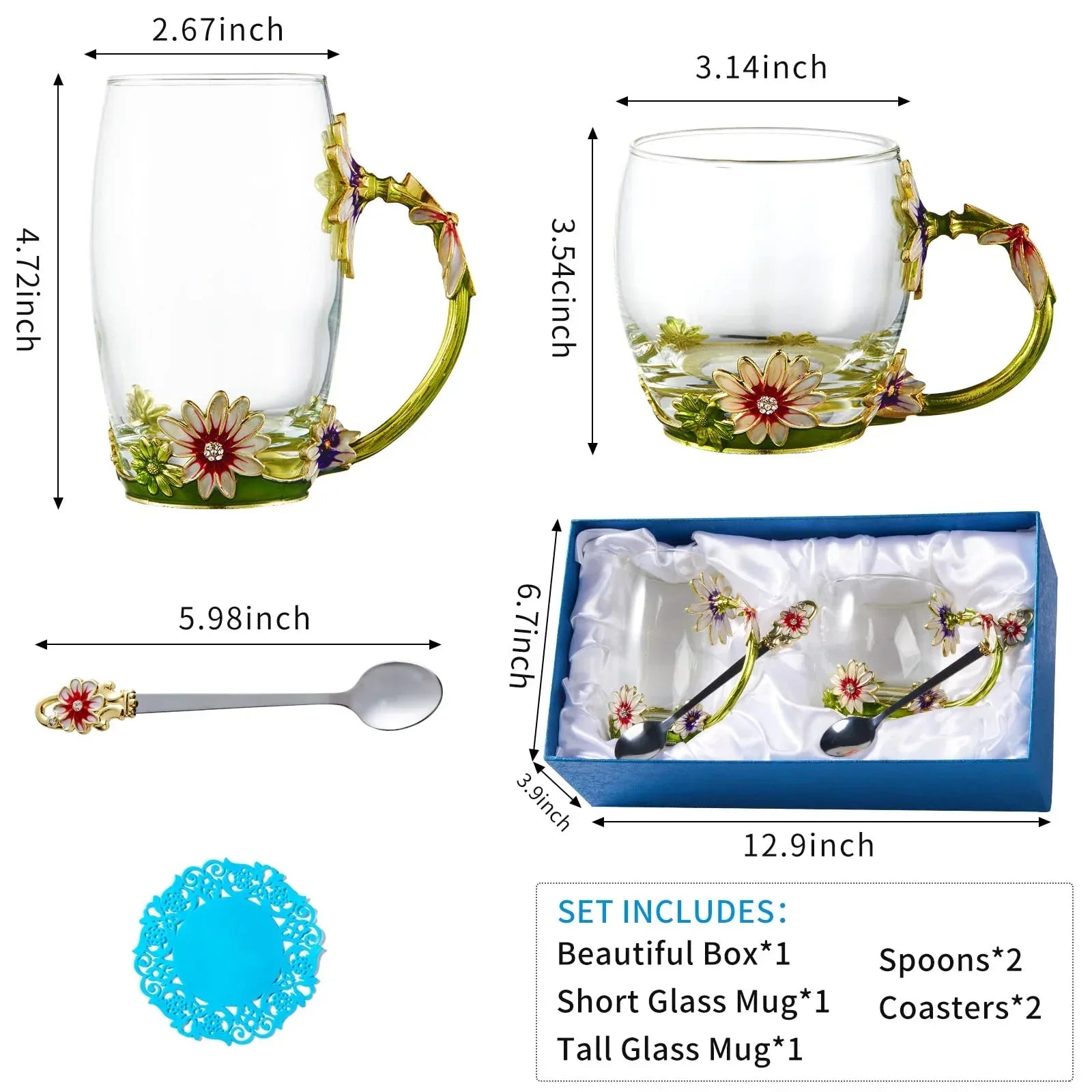 Tea Cup Glass Coffee Mugs,Fancy Tea Cup Set Birthday Christmas Valentine's Day Gift Idea for Tea Lover and Women Novelty Coffee Mugs Rose Flower Enamel Tea Cup Glass Mug with Spoon Set - Unique Gift Market
