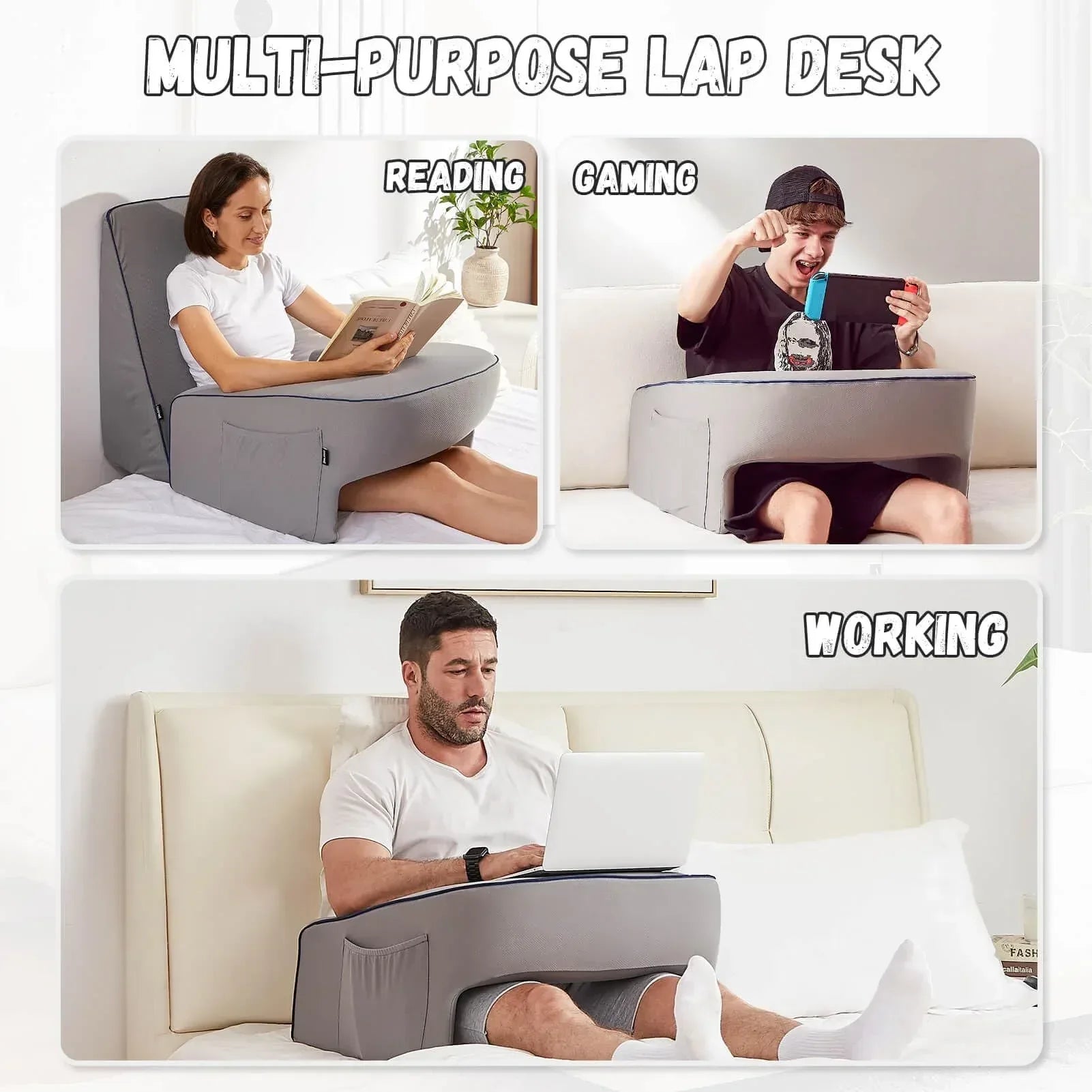 Reading Pillow for Gaming, Extra Large Laptop Pillow for Adult, Memory Foam Lap Desk Gaming Pillow for Reading, Working, Playing Steam Deck Switch or Sitting in Bed Floor Sofa(Grey) - Unique Gift Market