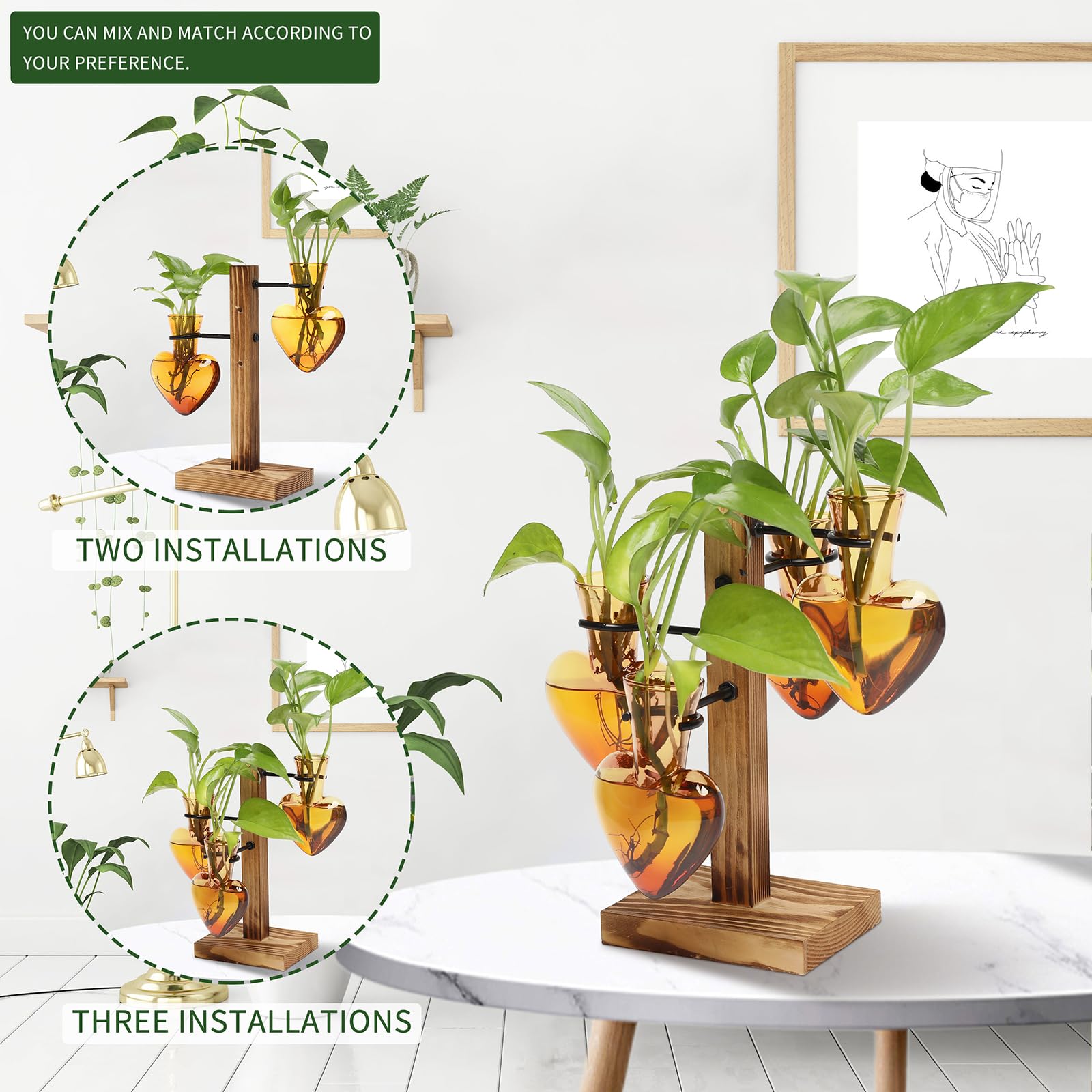 Plant Terrarium Propagation Stations with Wooden Stand, Glass Vase for Indoor Hydroponics Home Garden Office Decoration Gift for Women - 4 Love Bulb Vase