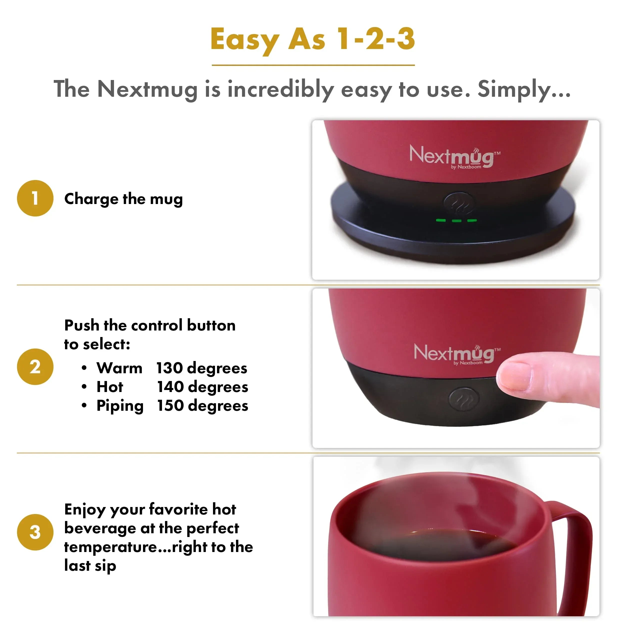 Nextmug - Temperature-Controlled, Self-Heating Coffee Mug (Black - 14 oz.) - Unique Gift Market