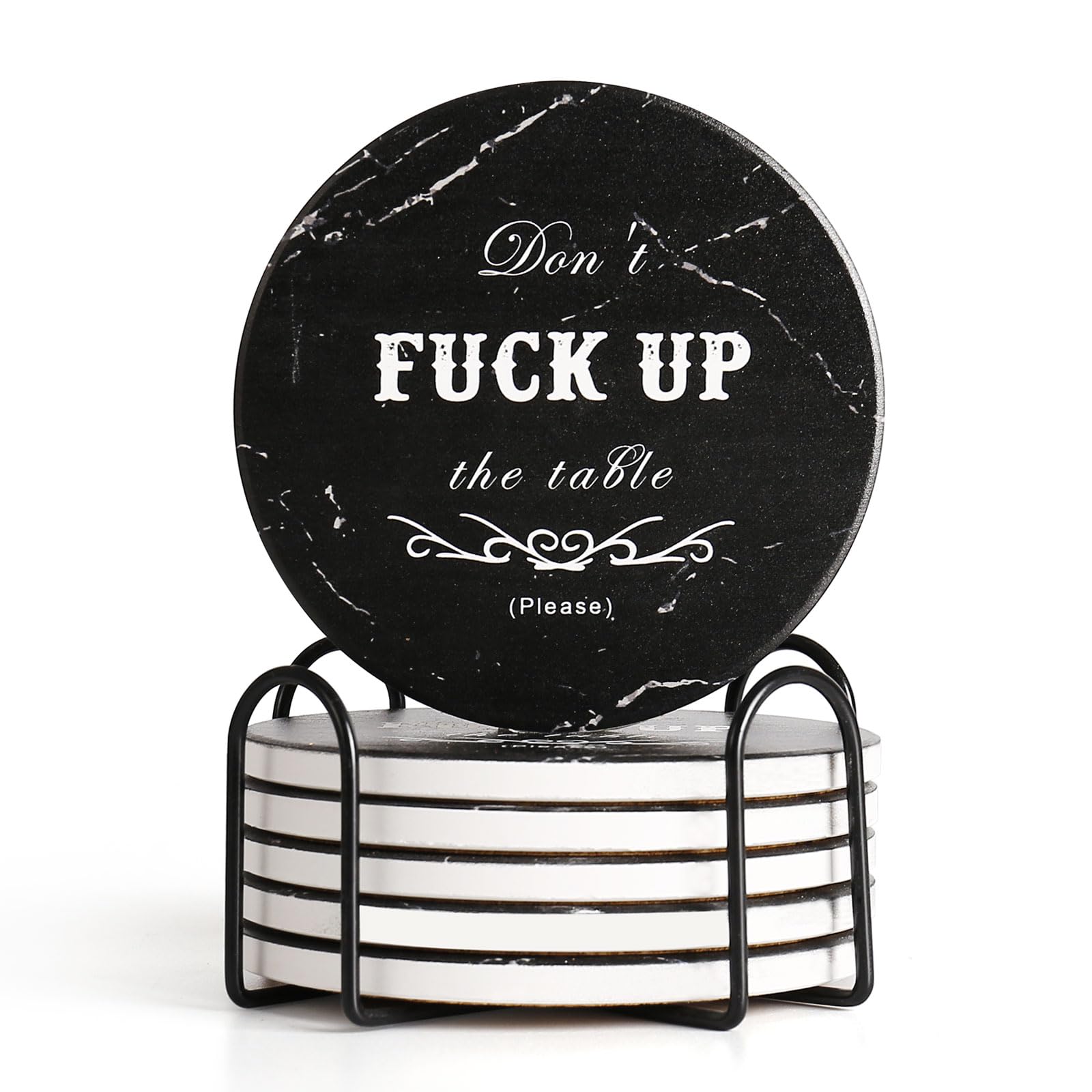 Funny Drink Coasters Ceramic Absorbent Coasters, Don't up The Table Unique Stone Drink Coaster with Cork Back for Coffee Table, Living Room, Family and Friends (Round-White, 6)