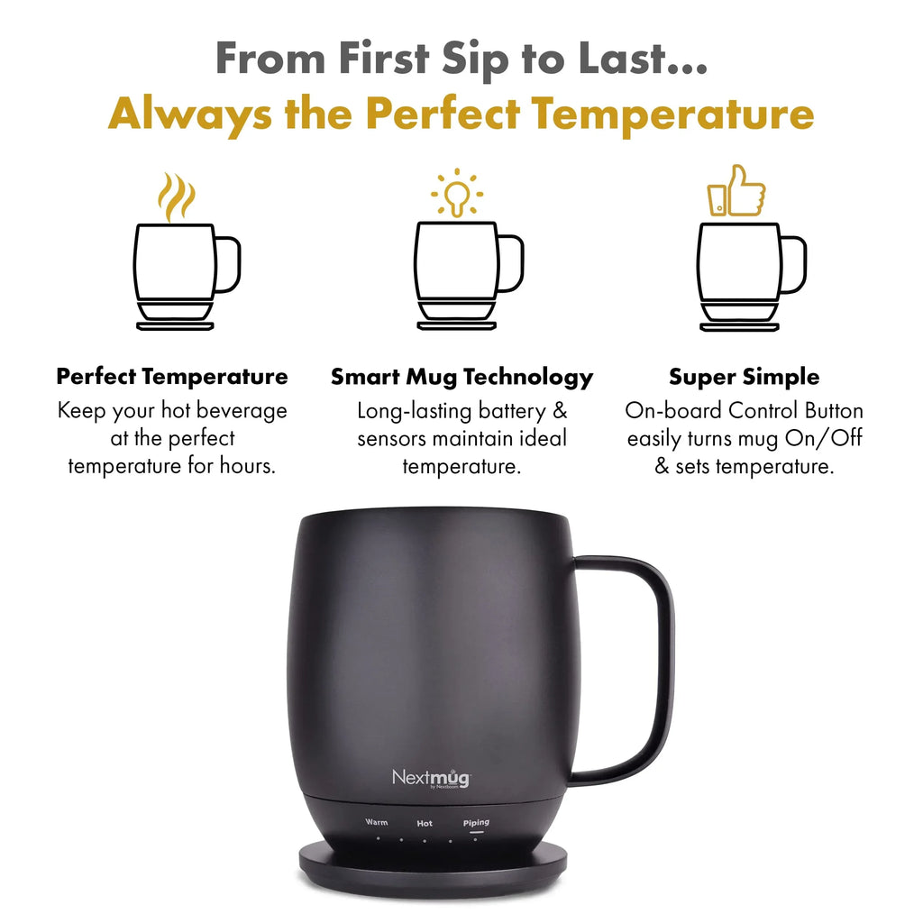 Nextmug - Temperature-Controlled, Self-Heating Coffee Mug (Black - 14 oz.) - Unique Gift Market