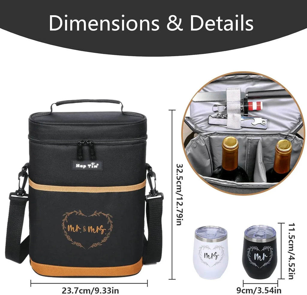 Hap Tim Wedding Gifts for Couples, Bridal Shower Gifts, Engagement Gifts for Newlyweds, Mr and Mrs gifts - Wine Cooler Bag Insulated Wine Carrier Tote with Tumblers, Bamboo Cheese Borad - Unique Gift Market
