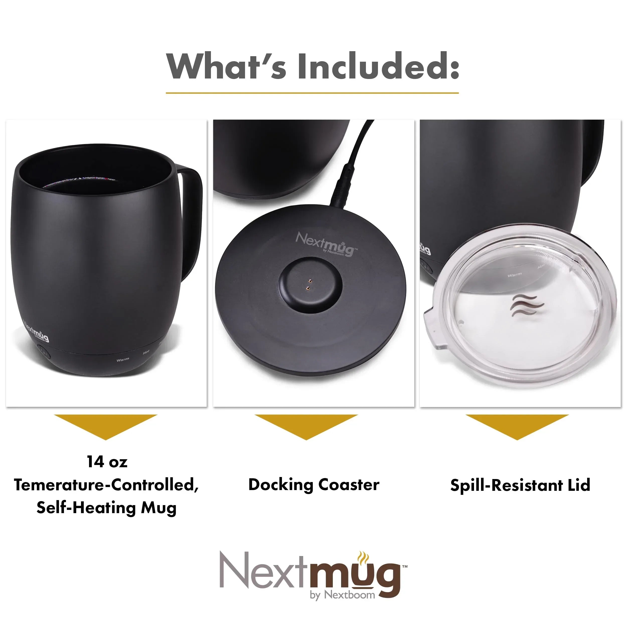 Nextmug - Temperature-Controlled, Self-Heating Coffee Mug (Black - 14 oz.) - Unique Gift Market