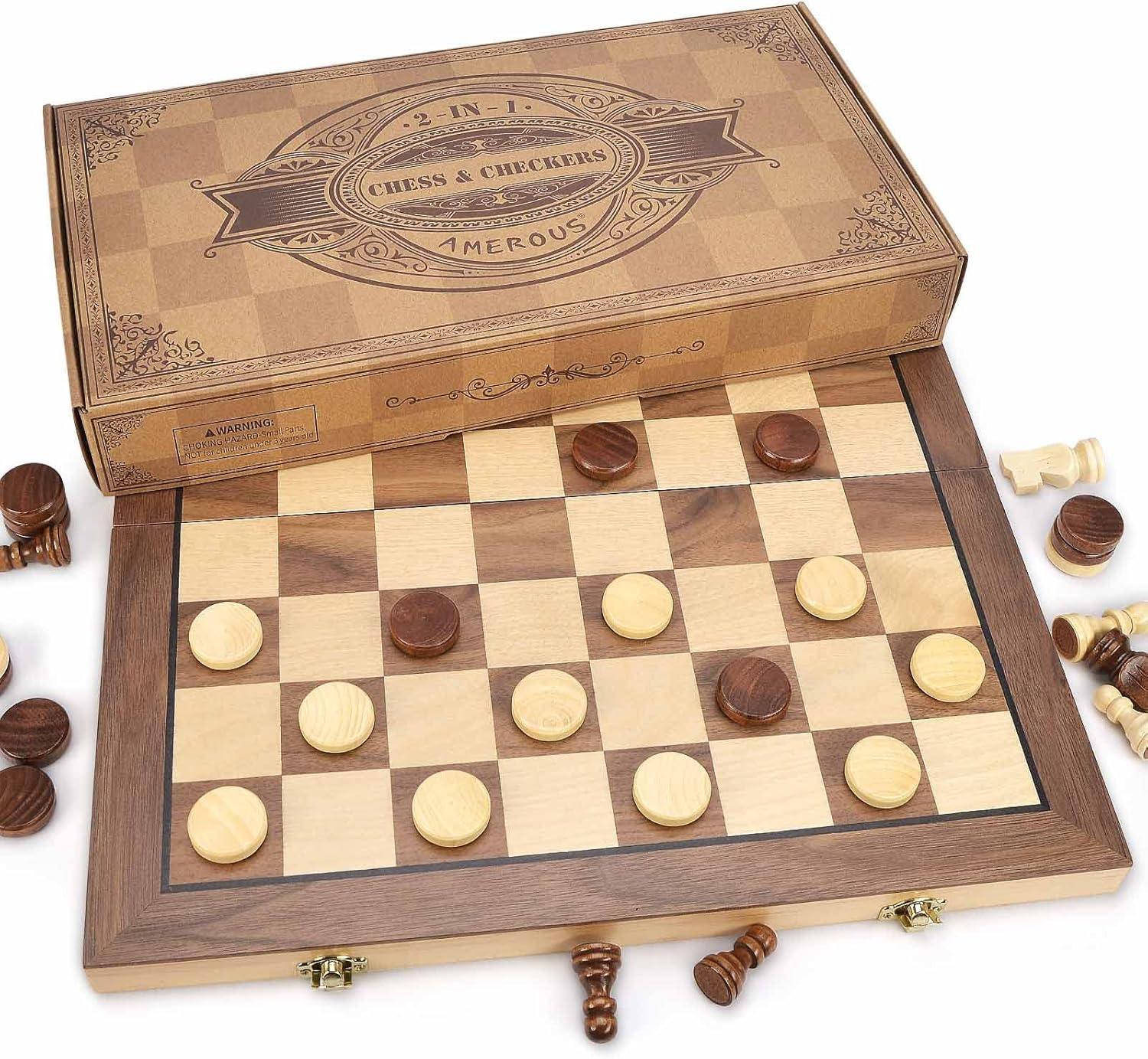 AMEROUS 15'' Magnetic Wooden Chess & Checkers Game Set -2 Extra Queens -24 Cherkers Pieces - Chessmen Storage Slots, Beginner Chess Set for Kids and Adults, Classic 2 in 1 Board Games - Unique Gift Market