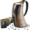 LANITI Viking Horn Mug with 4 Shot Cups – Authentic Handcrafted Viking Tankard for Ale, Beer, Mead – Medieval Drinking Horn Gift for Men – Norse Mythology Inspired Mug Set