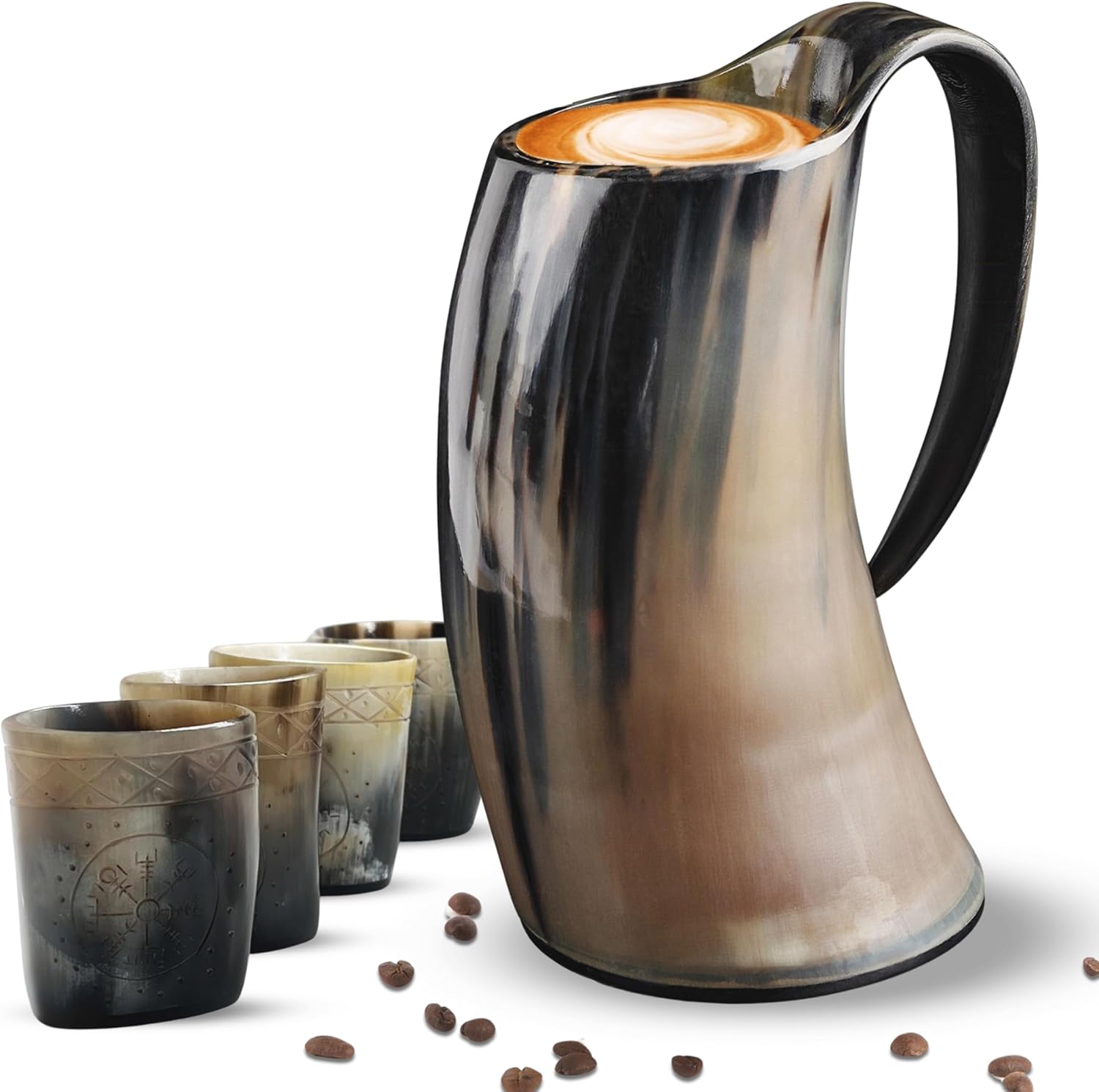 LANITI Viking Horn Mug with 4 Shot Cups – Authentic Handcrafted Viking Tankard for Ale, Beer, Mead – Medieval Drinking Horn Gift for Men – Norse Mythology Inspired Mug Set