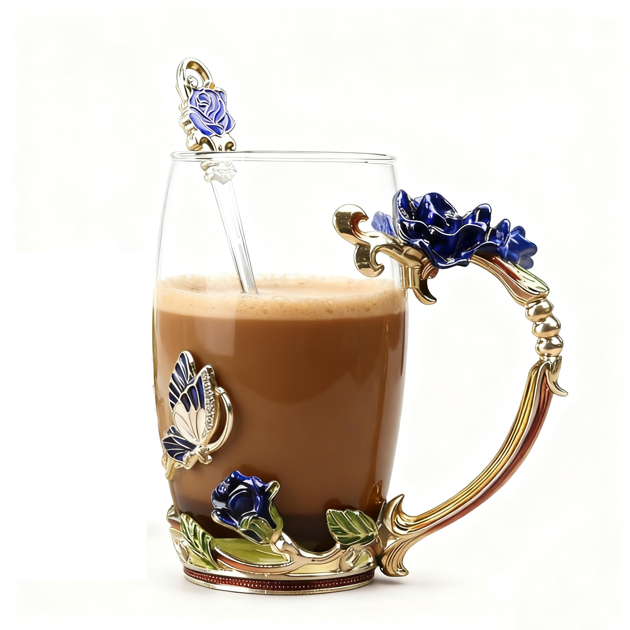 Best Gifts For Women Mom Blue Glass Coffee Tea Mug Unique Birthday Christmas Gift For Women Who Have Everything, Gift For Her Tea Cup with Spoon Sets (Blue-Tal)