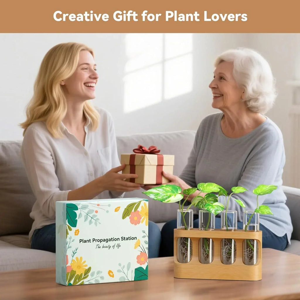 Plant Propagation Station with 9-Speed Adjustable LED Lights, Wooden Stand, 4 Glass Test Tubes for Hydroponic Plants, Unique Gift for Plant Lovers - Unique Gift Market