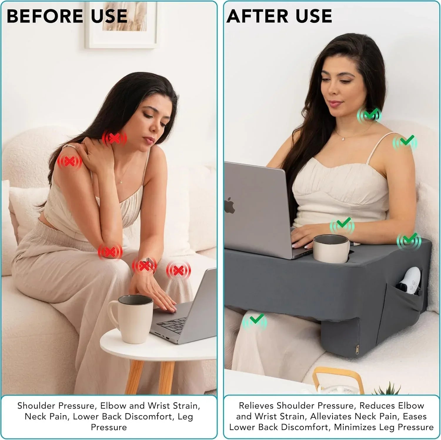 Reading Pillow for Gaming – Extra Large Lap Desk & Arm Rest with Cup & Phone Holder, Adjustable Heights, Laptop Support, Large Pockets – Comfortable for Work, Gaming & Crocheting (Furry Grey) - Unique Gift Market