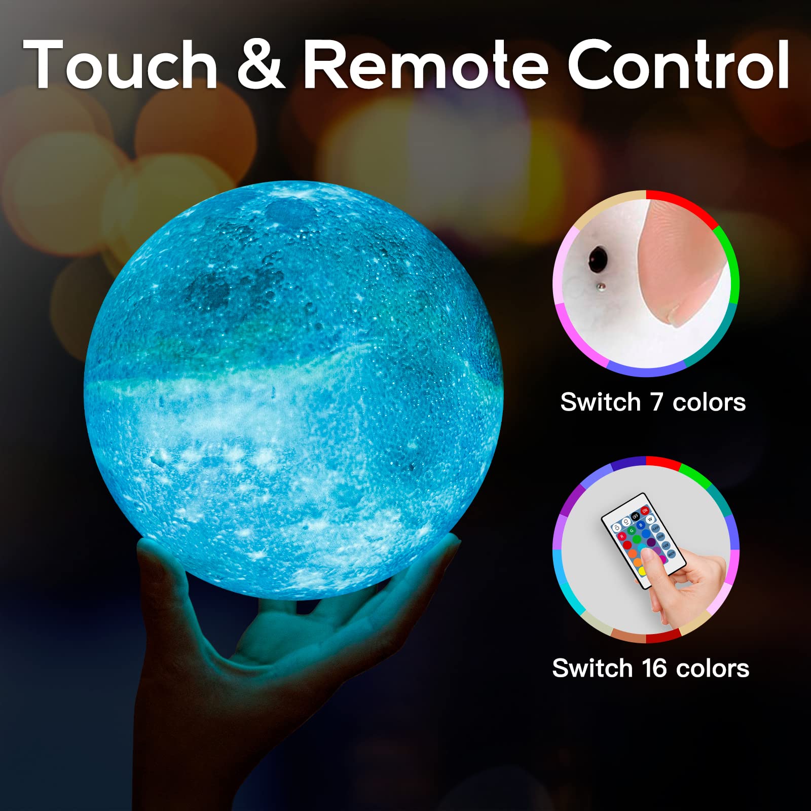 BRIGHTWORLD Moon Lamp Galaxy Lamp 5.9 inch 16 Colors LED 3D Moon Light, Remote & Touch Control Moon Night Light Christmas Gifts for Girls Boys Kids Women Birthday（Wooden Base）