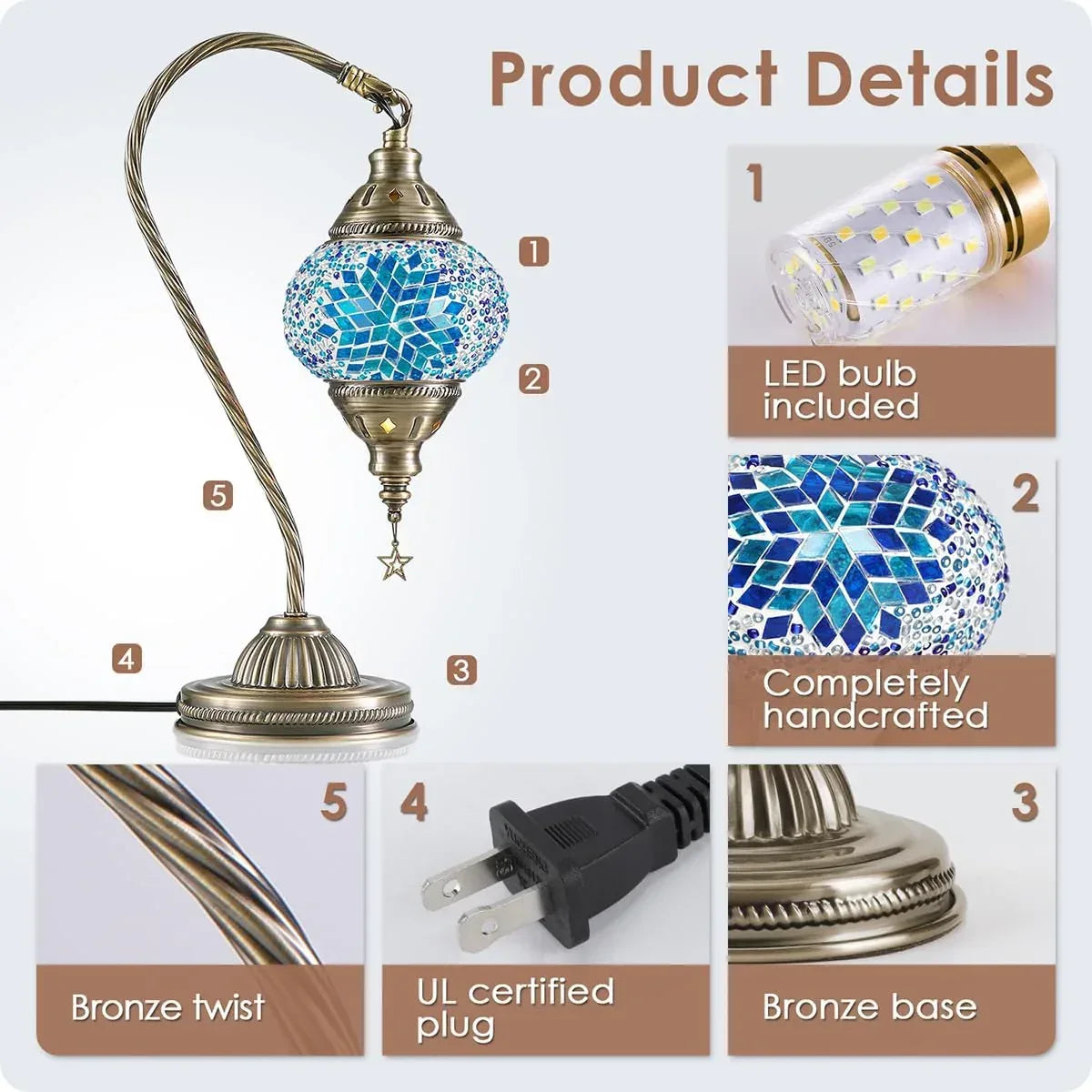 Yarra-Decor Turkish Moroccan Lamp with Bronze Base 3 Color Options Handmade Swan Neck Tiffany Mosaic Glass Bedside Lamps for Bedroom (LED Bulb Included) - Unique Gift Market