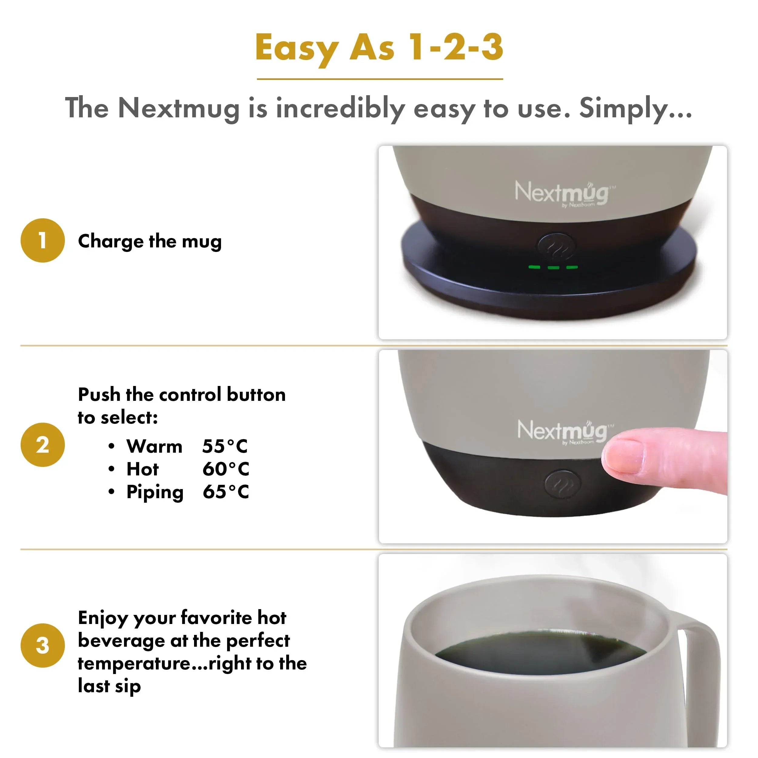 Nextmug - Temperature-Controlled, Self-Heating Coffee Mug (Black - 14 oz.) - Unique Gift Market