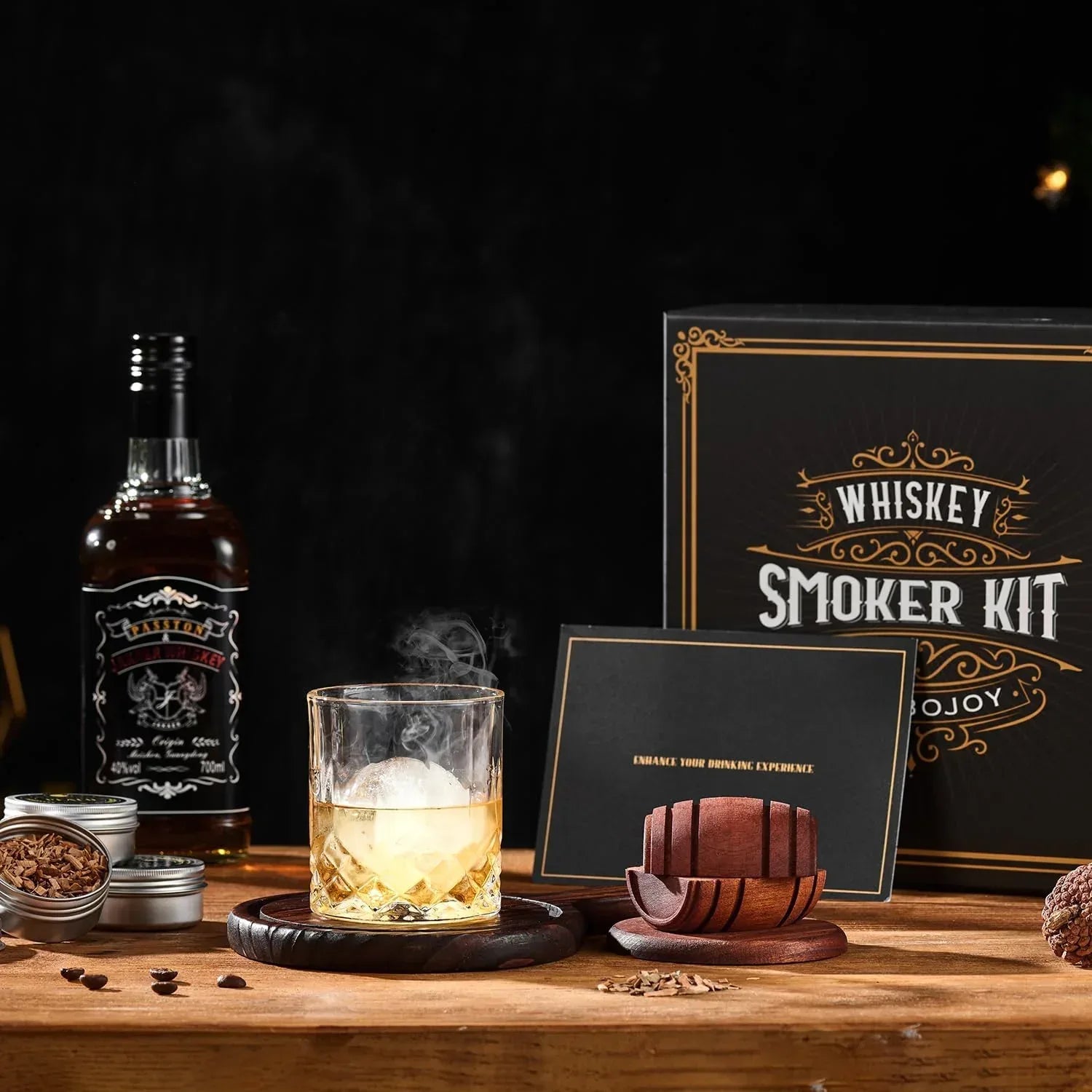 Whiskey Smoker Kit with Torch - 6 Flavors Wood Chips, 2 Glasses, 2 Ice Ball Molds - Cocktail Smoker Infuser Kit, Old Fashioned Drink Smoker Kit, Birthday Bourbon Whiskey Gifts for Men,Dad(NO Butane) - Unique Gift Market