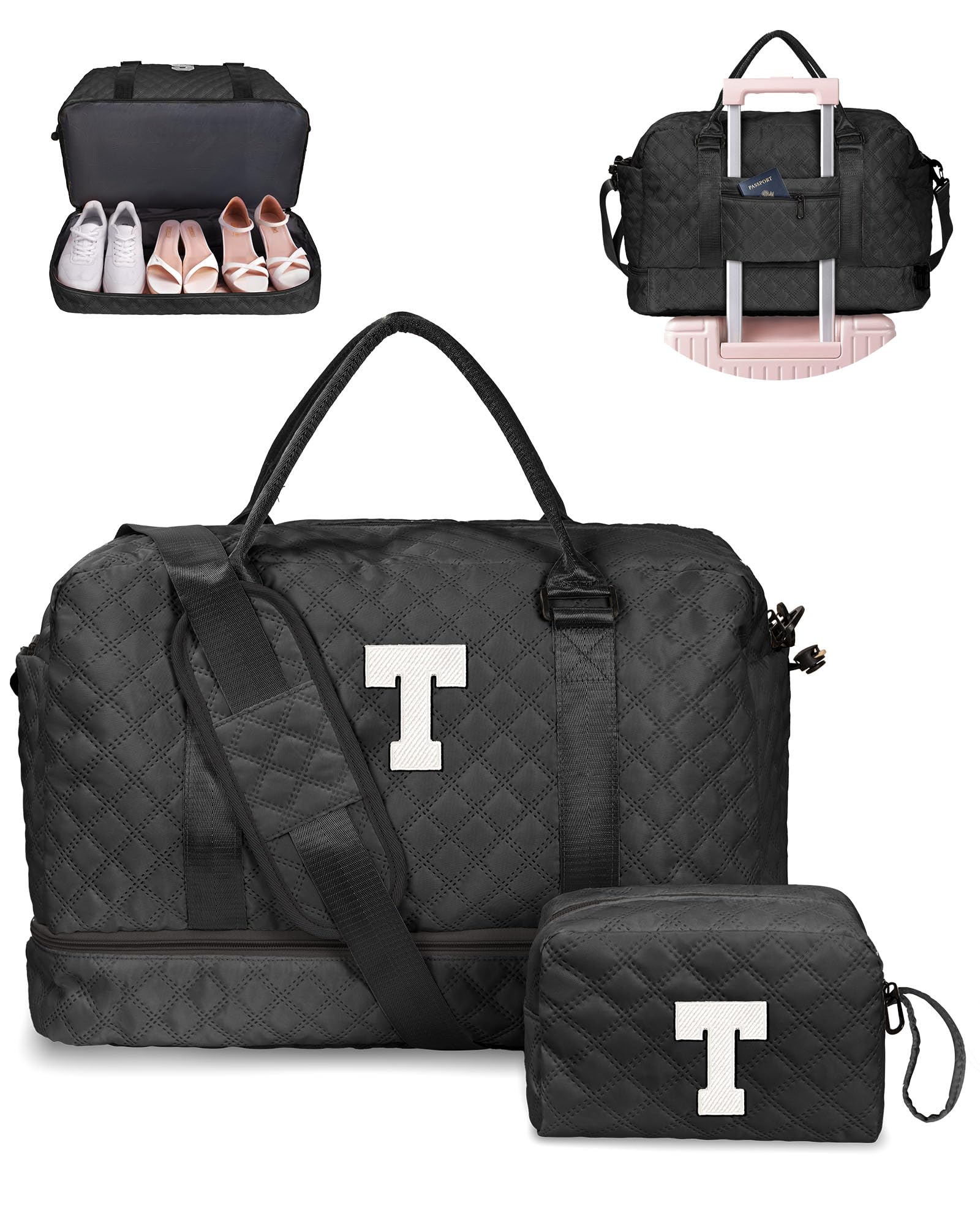 Birthday Gift-Initial Duffle Bag with Shoe Compartment, Personalized Weekender Bag, Monogram Overnight Bag for Women with Trolley Sleeve & Wet Pocket, Travel Bag with Makeup Bag (Letter K)