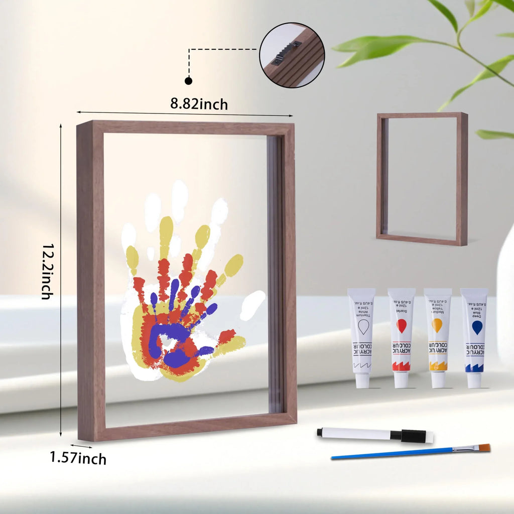 Family Handprint Kit, DIY Craft Keepsake Wooden Frame, Endless Gift Set, Non-Toxic Paints, Transparent Sheets (Brown) - Unique Gift Market