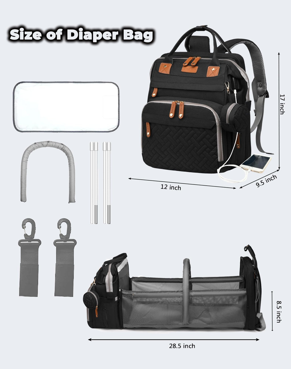 Baby Diaper Bags with Changing Station, Waterproof Diaper Bag Backpack for Moms Dads with USB Charging Port, Baby Shower Gifts, Large Capacity diaper backpack, Grey