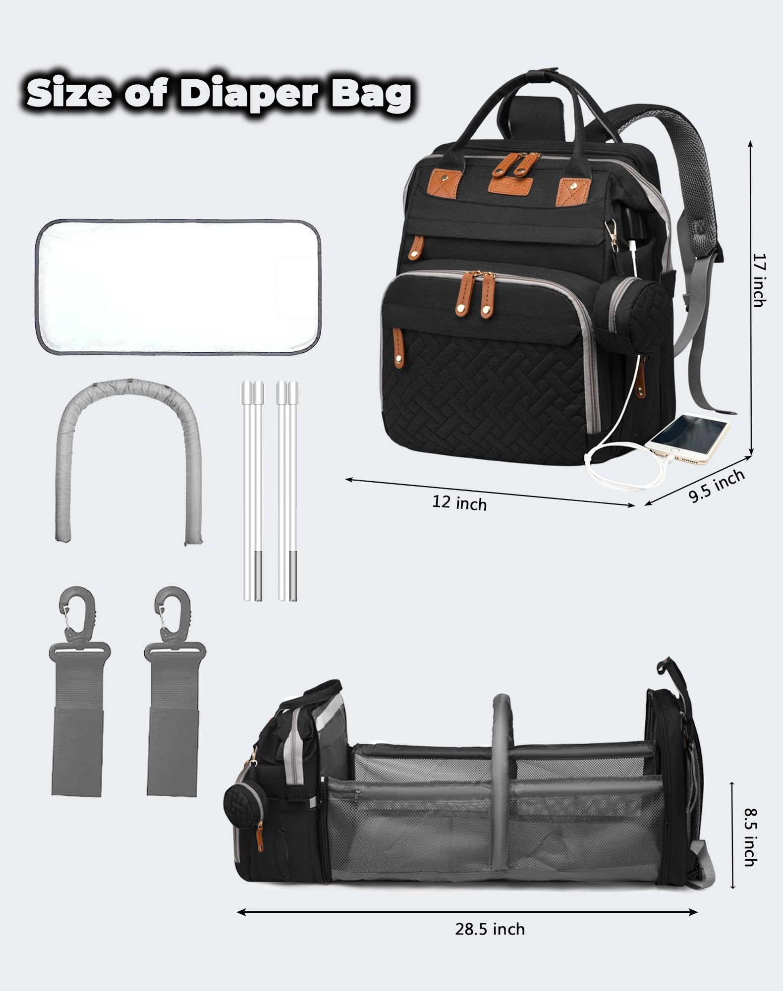 Baby Diaper Bags with Changing Station, Waterproof Diaper Bag Backpack for Moms Dads with USB Charging Port, Baby Shower Gifts, Large Capacity diaper backpack, Grey