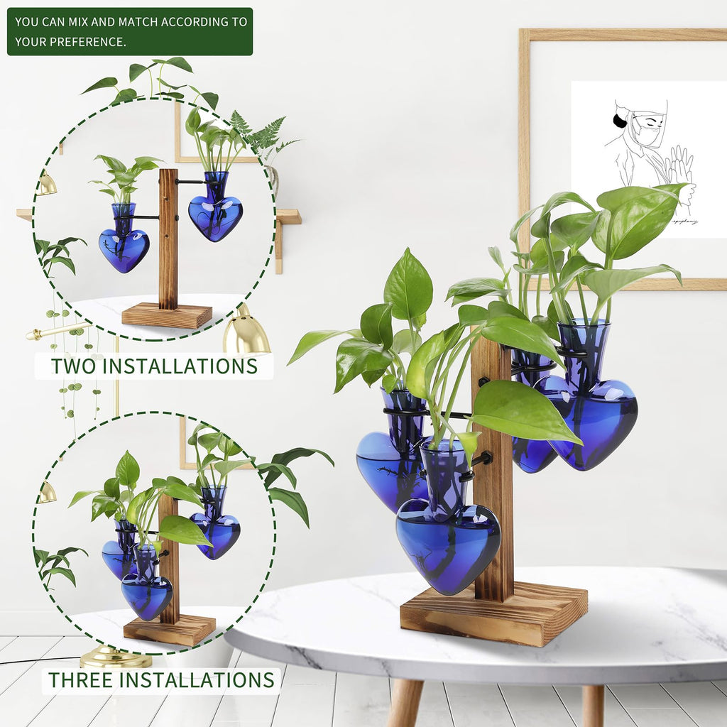 Plant Terrarium Propagation Stations with Wooden Stand, Glass Vase for Indoor Hydroponics Home Garden Office Decoration Gift for Women - 4 Love Bulb Vase