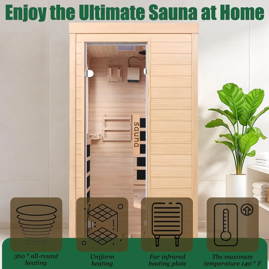 Far Infrared Sauna for 1 Person - 1050W Fast Heating, Canadian Hemlock Wood Home Sauna with Bluetooth Speaker, Chromotherapy & Oxygen Ionizer Easy Assembly Indoor Sauna for Relaxation, Detox, Home Gym - Unique Gift Market