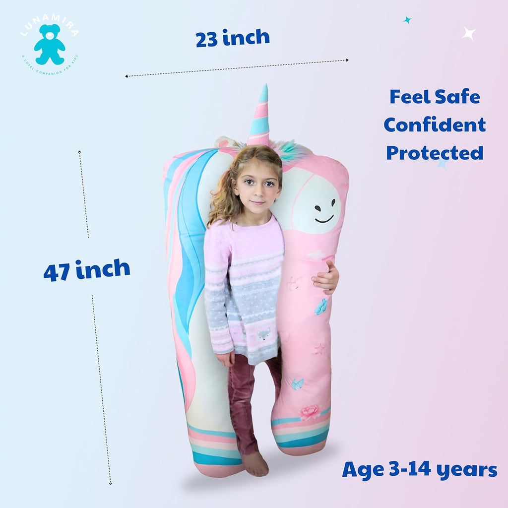 LUNAMIRA Unicorn Kids Body Pillow - 47" U-Shape Long Plush Soft Animal Pillow for Toddlers, Sleeping, Reading, ADHD & Special Needs Comfort, Anxiety, Washable Cover, Snuggle Cuddle for Boys & Girls