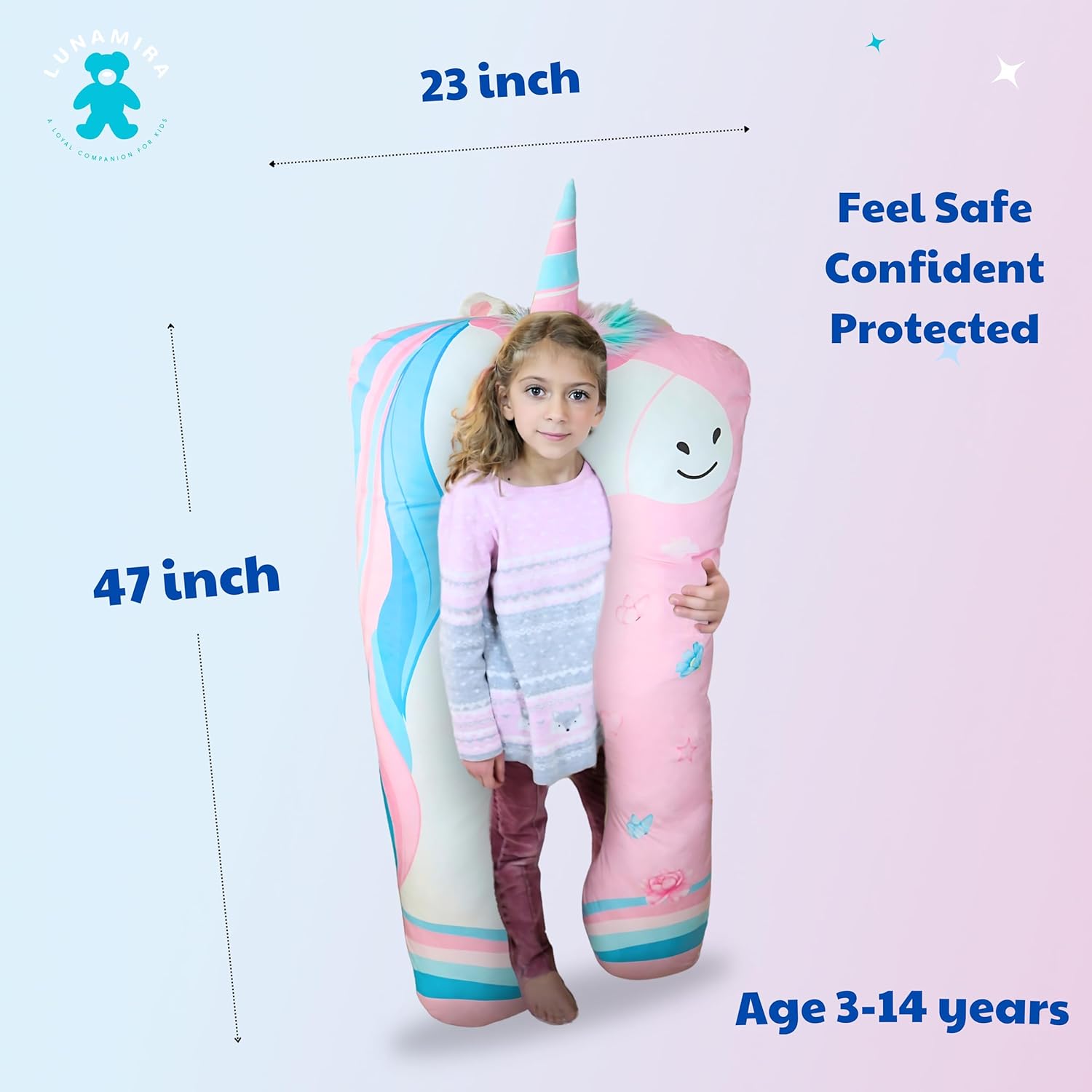 LUNAMIRA Unicorn Kids Body Pillow - 47" U-Shape Long Plush Soft Animal Pillow for Toddlers, Sleeping, Reading, ADHD & Special Needs Comfort, Anxiety, Washable Cover, Snuggle Cuddle for Boys & Girls