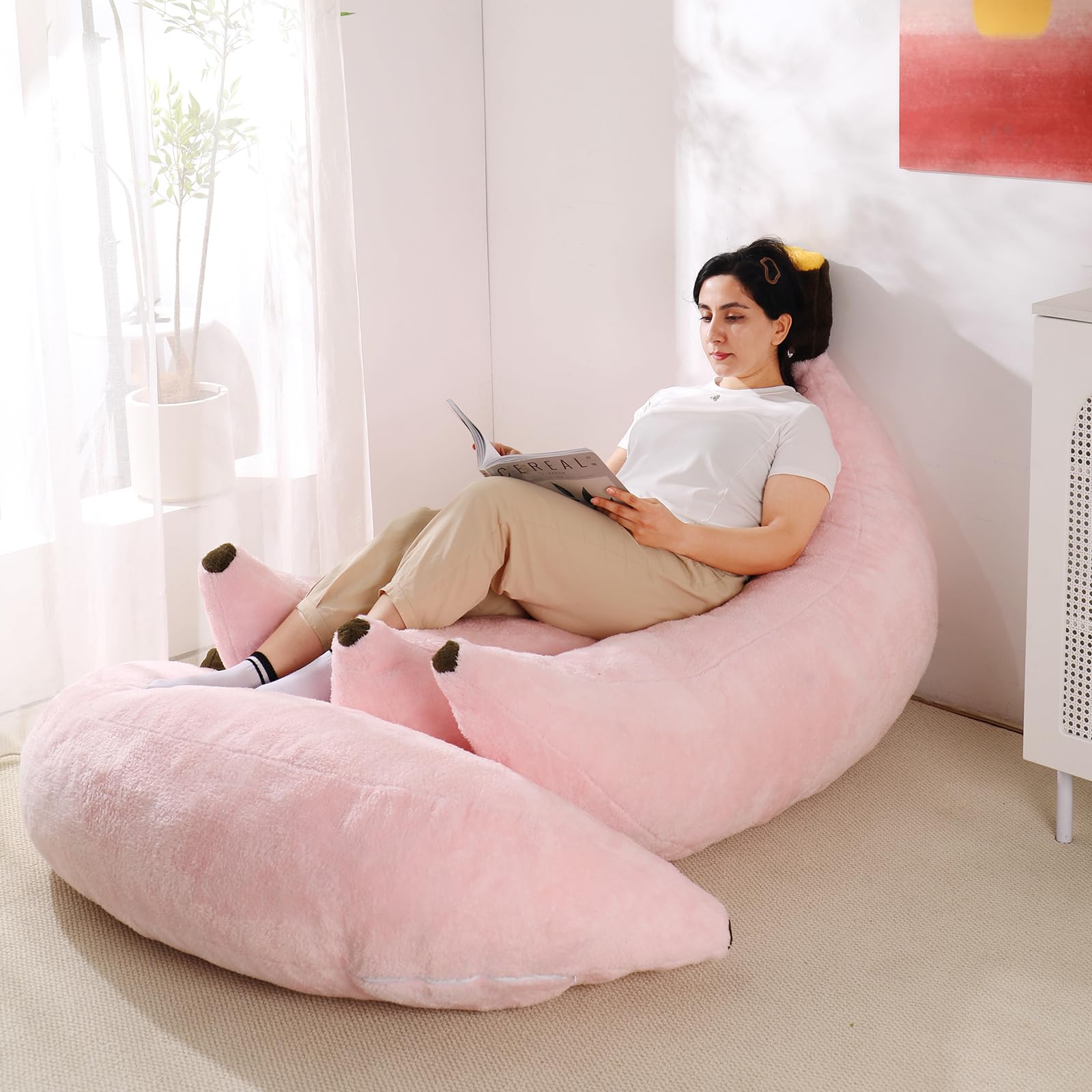 Banana Bean Bag Chair with Ottoman, Floor Sofa Bed with Footrest, Comfy Convertible Lounger for Teens & Adults, Plush Couch for Bedroom, Living Room or Dorm, M-Yellow