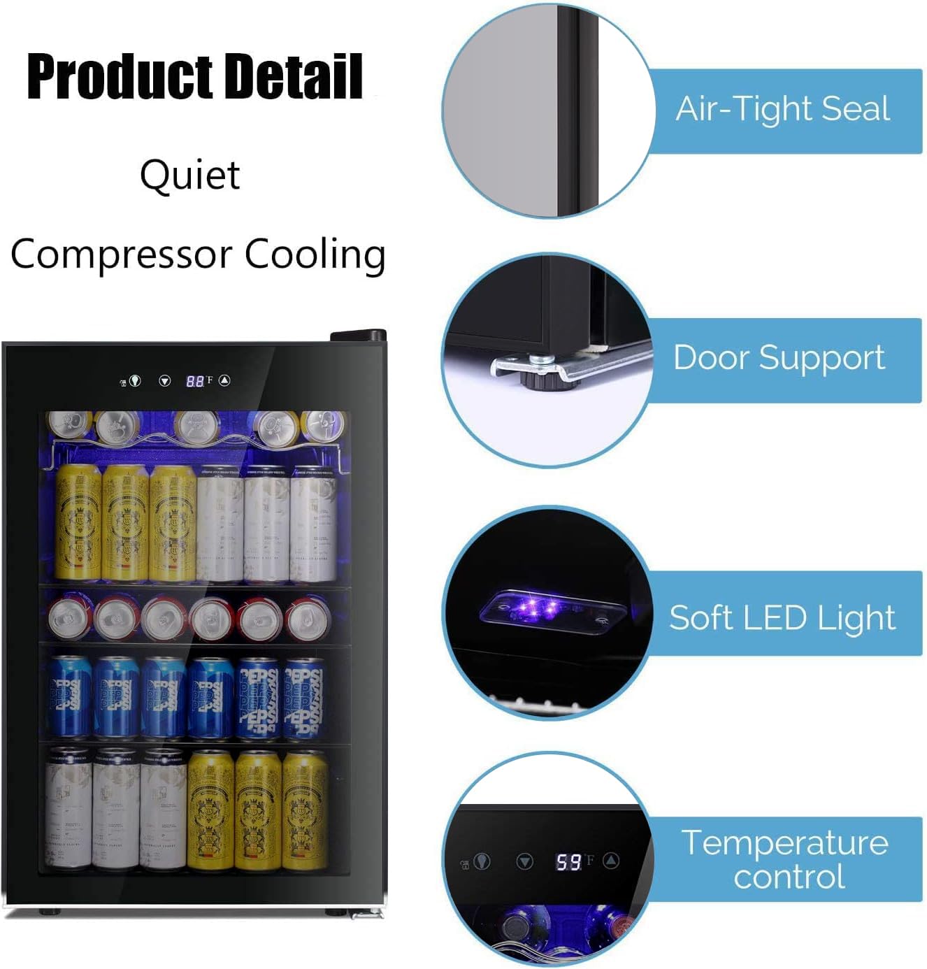Antarctic Star 18L Beverage Refrigerator Cooler 24Can, Mini Fridge with Quiet Compressor, LED Light,Freestanding Small Fridge with Electronic Temperature Control for Home and Bar(40-61 ℉)