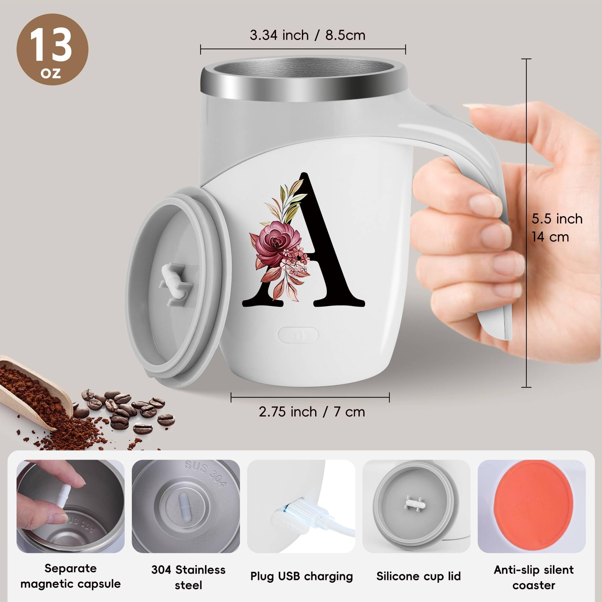 Initial Magnetic Stirring Coffee Mug Stainless Insulated Travel Cup Happy Birthday Personalized Gifts Women Adult Who Have Everything Want Nothing Mom Cool Special Custom Christmas Initial Present,G