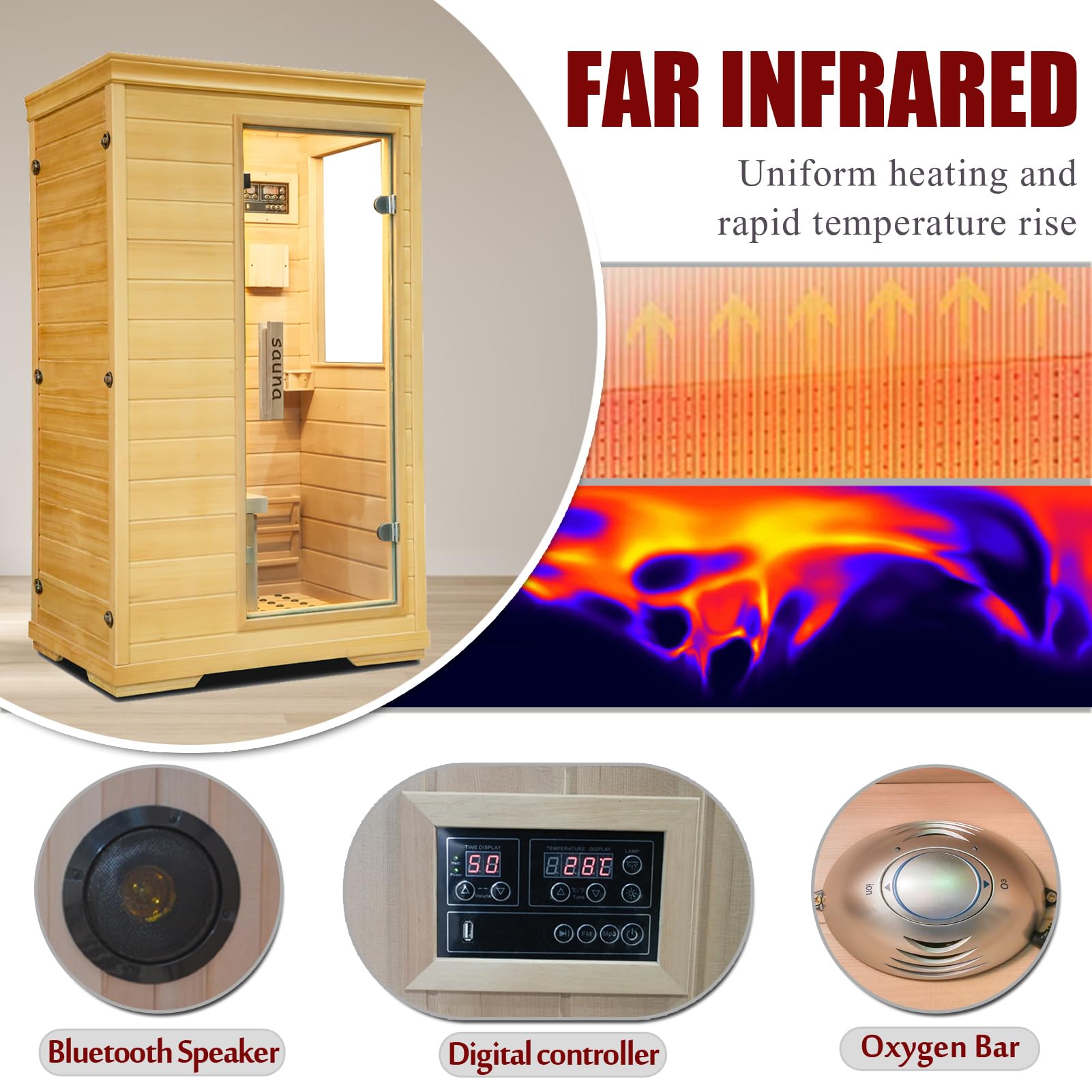 Far Infrared Sauna for 1 Person - 1050W Fast Heating, Canadian Hemlock Wood Home Sauna with Bluetooth Speaker, Chromotherapy & Oxygen Ionizer Easy Assembly Indoor Sauna for Relaxation, Detox, Home Gym