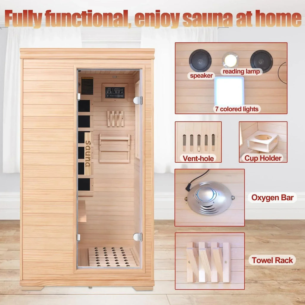 Far Infrared Sauna for 1 Person - 1050W Fast Heating, Canadian Hemlock Wood Home Sauna with Bluetooth Speaker, Chromotherapy & Oxygen Ionizer Easy Assembly Indoor Sauna for Relaxation, Detox, Home Gym - Unique Gift Market