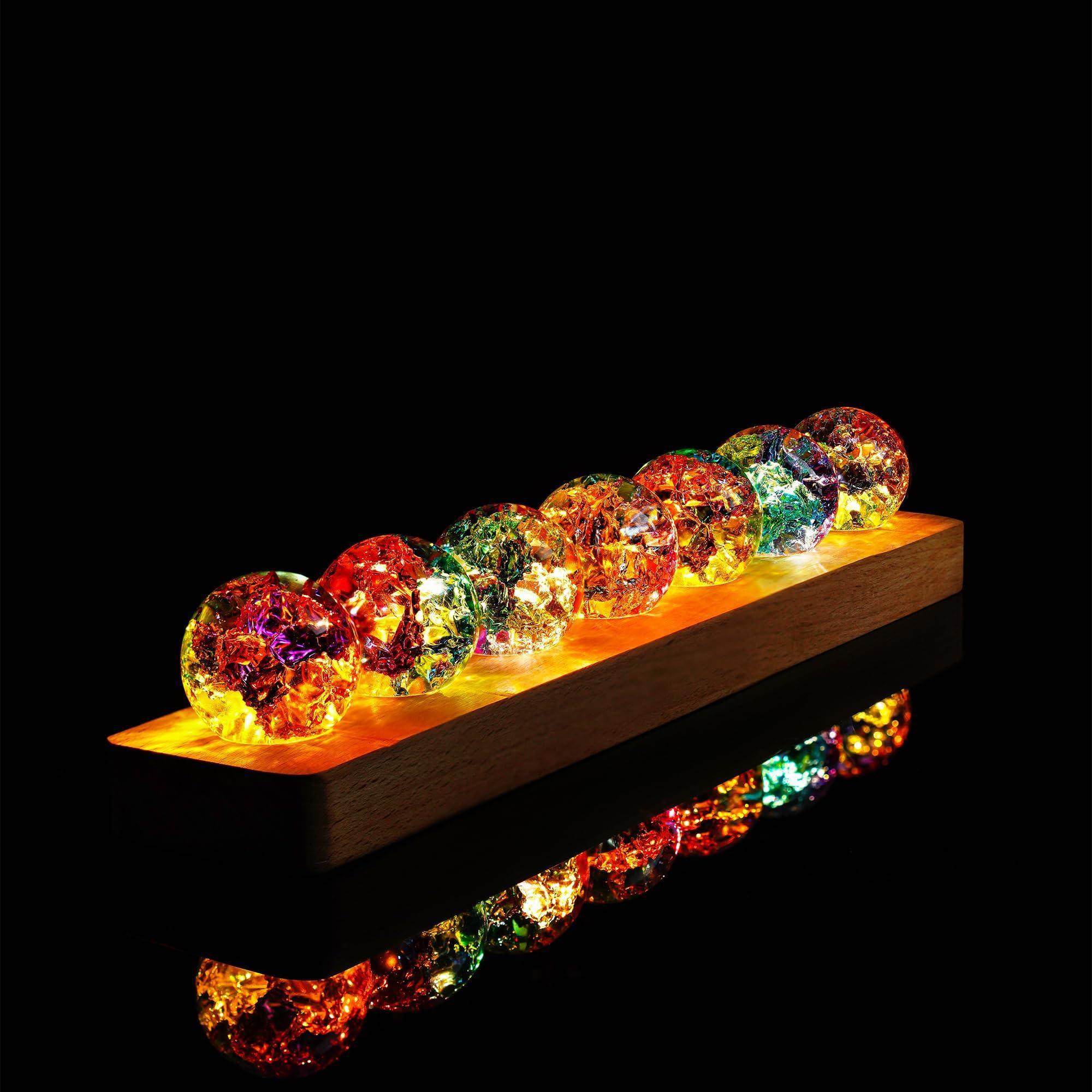 7 Chakra Natural Healing Spheres with LED Wooden Stand 40mm Crystal Quartz Stones for Meditation Positive Energy Night Light Decoration - Unique Gift Market