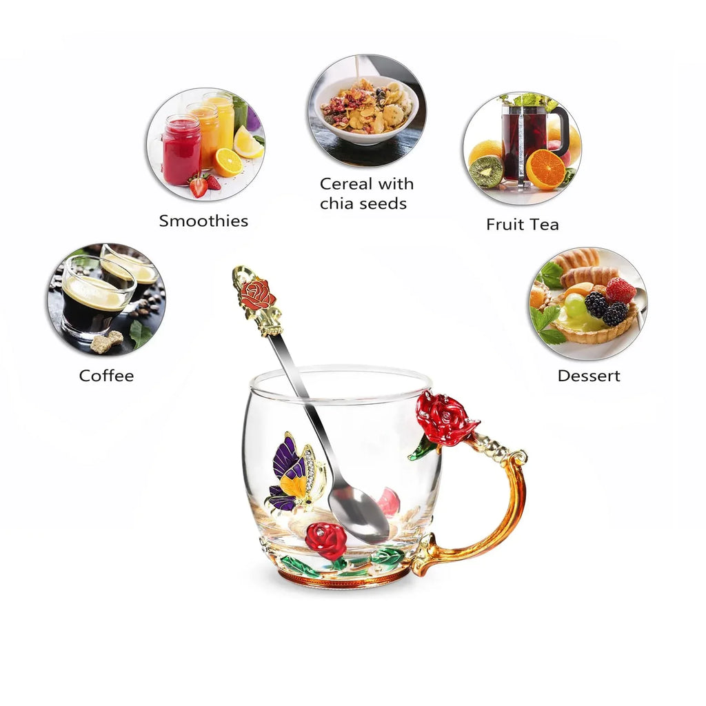 Tea Cup Glass Coffee Mugs,Fancy Tea Cup Set Birthday Christmas Valentine's Day Gift Idea for Tea Lover and Women Novelty Coffee Mugs Rose Flower Enamel Tea Cup Glass Mug with Spoon Set - Unique Gift Market