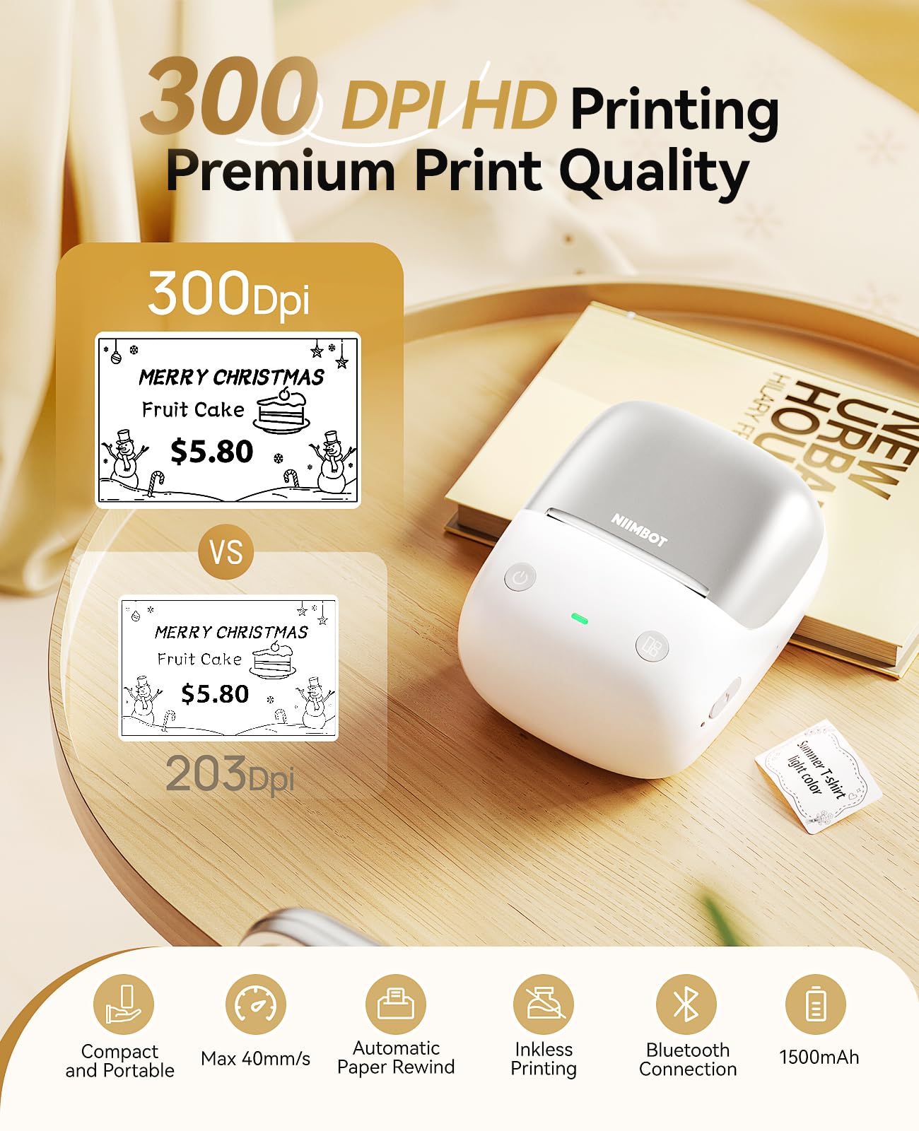 NIIMBOT B2 Pro Label Maker Machine with Tape, 300DPI Sticker Printer Portable Bluetooth Label Printer, for Photo Sticker, DIY Crafts, Study Notes, Gift, Journal Labeling Organization, Gold