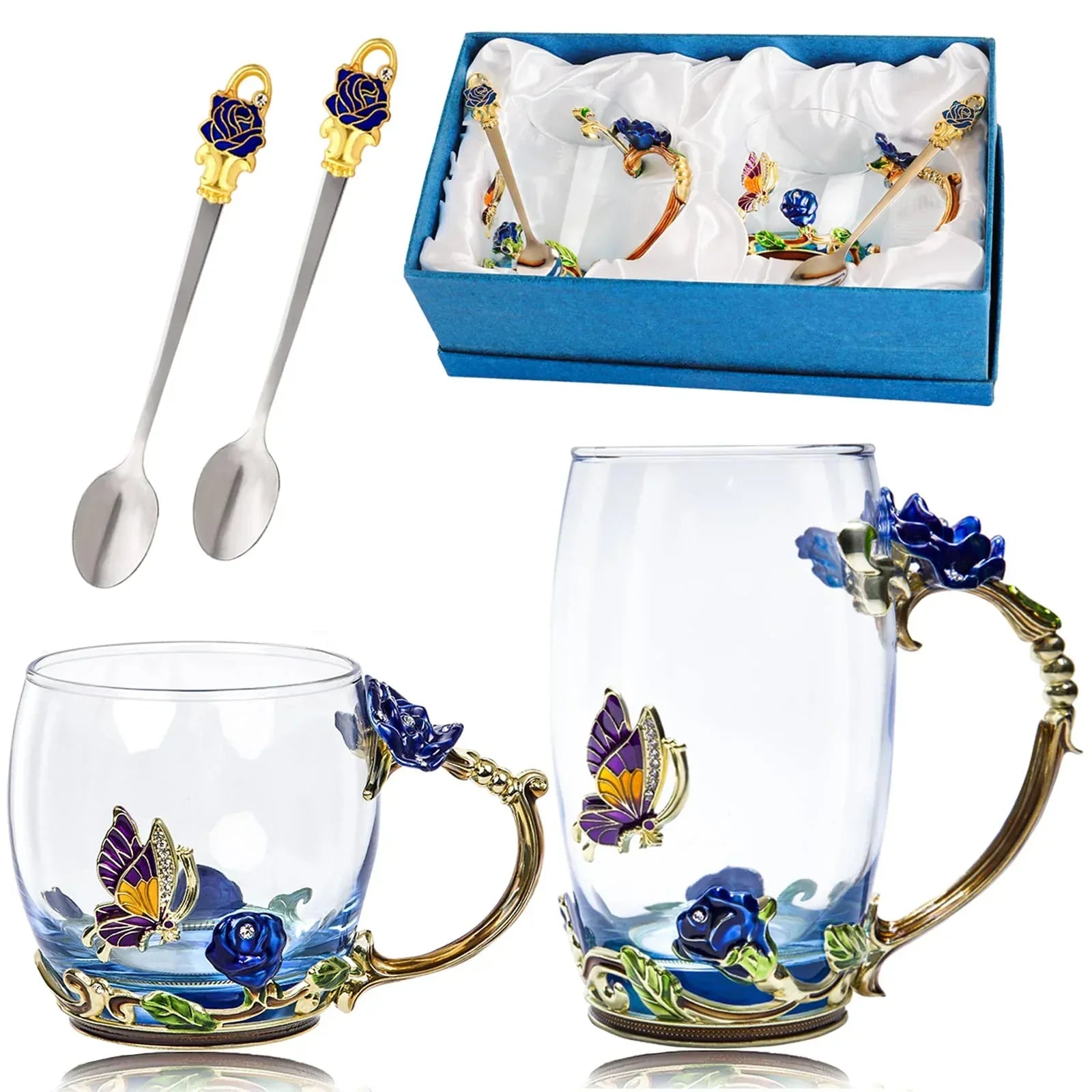 Tea Cup Glass Coffee Mugs,Fancy Tea Cup Set Birthday Christmas Valentine's Day Gift Idea for Tea Lover and Women Novelty Coffee Mugs Rose Flower Enamel Tea Cup Glass Mug with Spoon Set - Unique Gift Market
