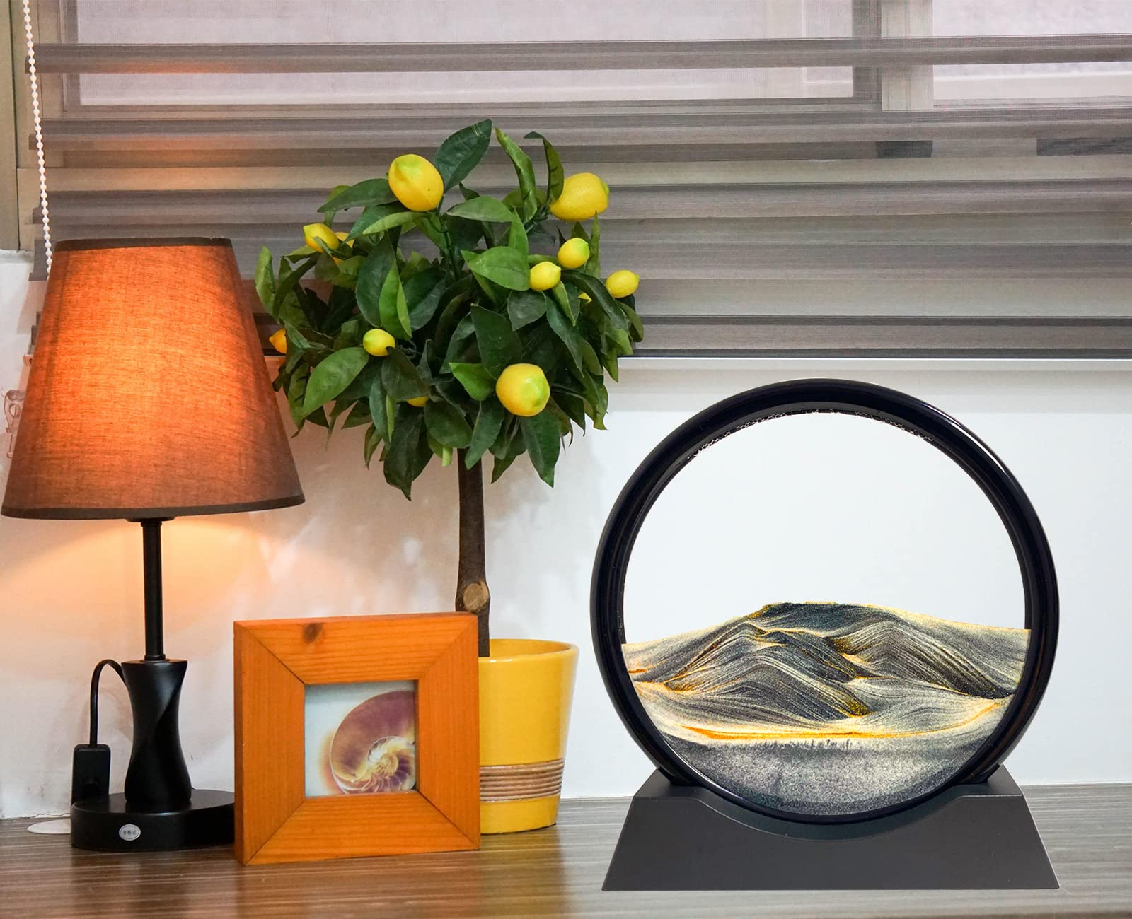 Moving Sand Art Picture - Sand Art Liquid Motion 3D Deep Sea Sandscape, Round Glass Frame Display Flowing Sand Relaxing Toy for Desktop Home Office Work Ocean Decor(Black, 7")