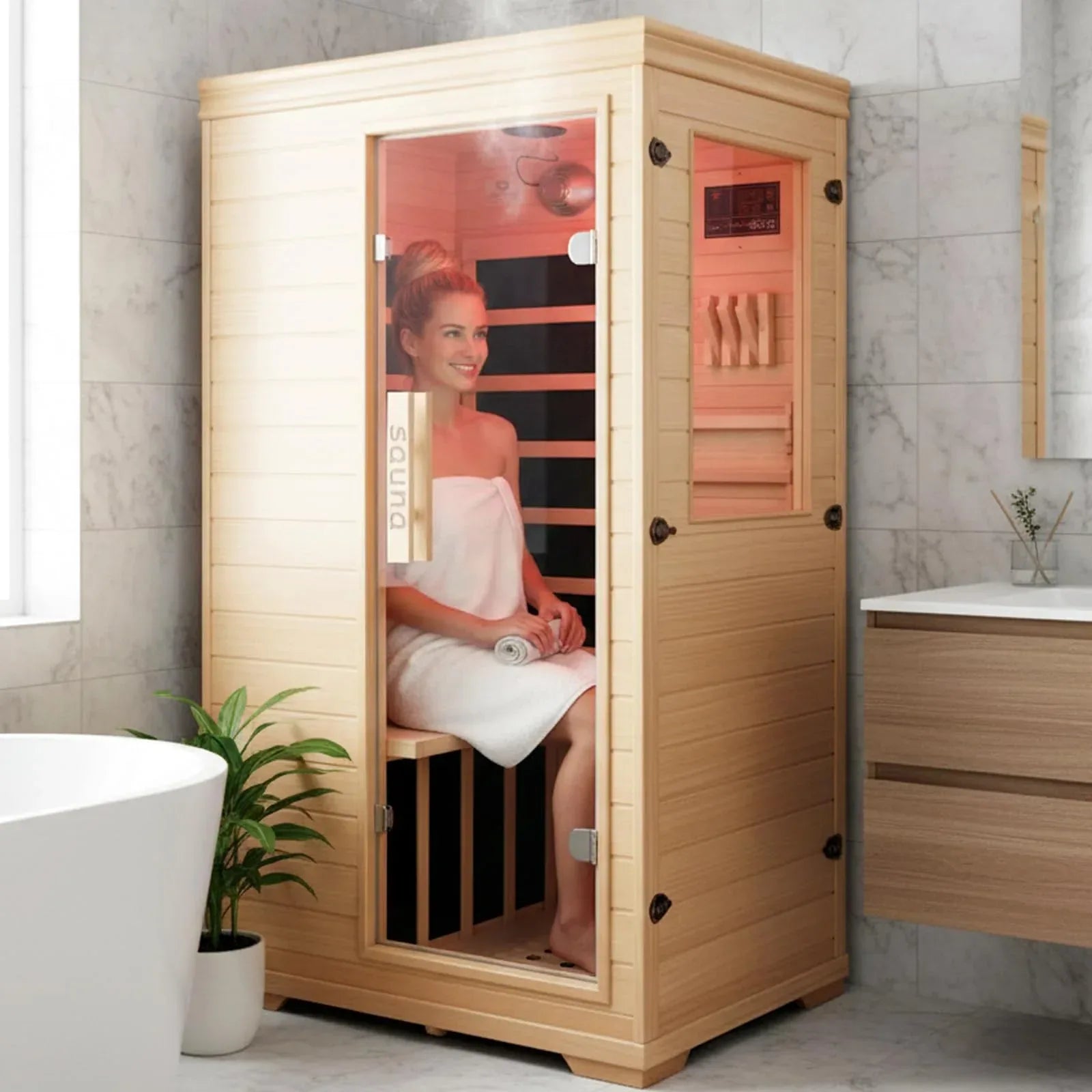 Far Infrared Sauna for 1 Person - 1050W Fast Heating, Canadian Hemlock Wood Home Sauna with Bluetooth Speaker, Chromotherapy & Oxygen Ionizer Easy Assembly Indoor Sauna for Relaxation, Detox, Home Gym - Unique Gift Market