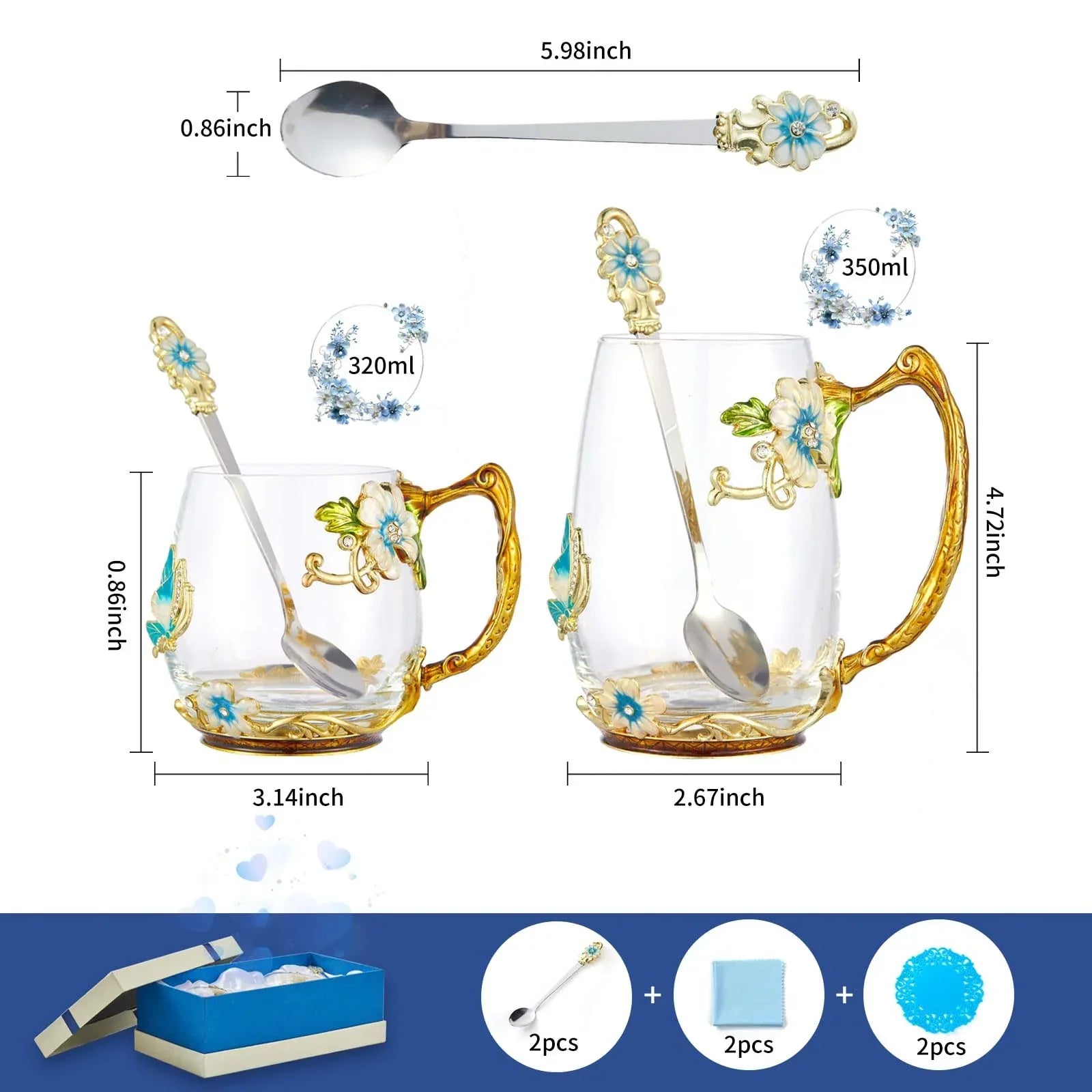 Tea Cup Glass Coffee Mugs,Fancy Tea Cup Set Birthday Christmas Valentine's Day Gift Idea for Tea Lover and Women Novelty Coffee Mugs Rose Flower Enamel Tea Cup Glass Mug with Spoon Set - Unique Gift Market