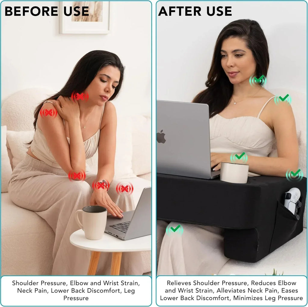 Reading Pillow for Gaming – Extra Large Lap Desk & Arm Rest with Cup & Phone Holder, Adjustable Heights, Laptop Support, Large Pockets – Comfortable for Work, Gaming & Crocheting (Furry Grey) - Unique Gift Market