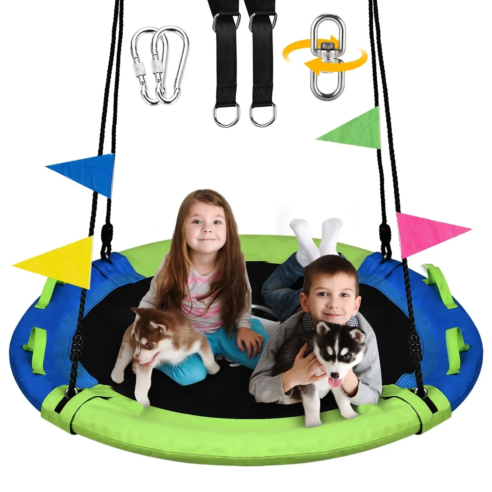 43 Inch Tree Swing, 900lbs Weight Capacity Saucer Swing Sets for Kids & Adults, with 360 Degree Swivel and Adjustable Hanging Strap, Green and Blue - Unique Gift Market