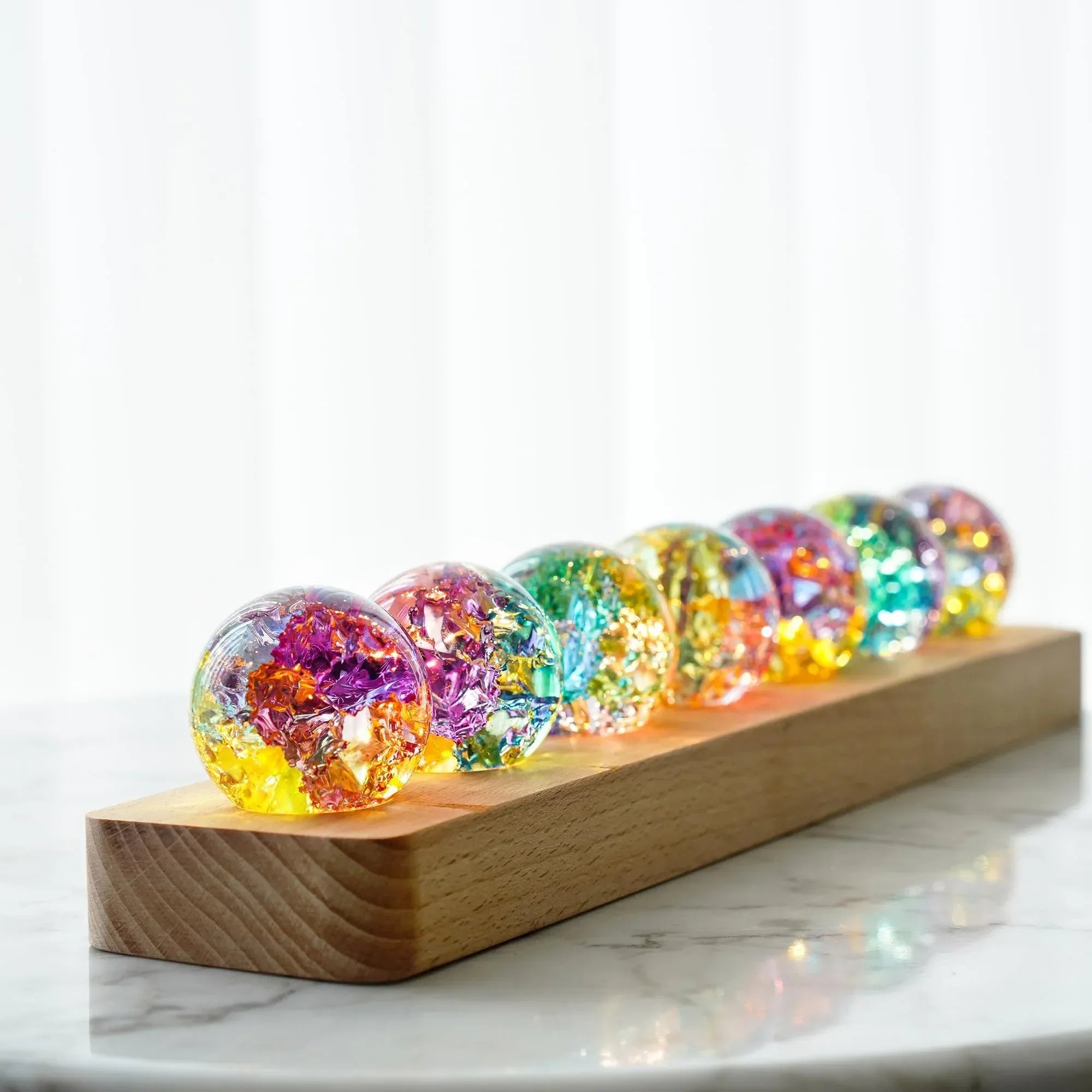 7 Chakra Natural Healing Spheres with LED Wooden Stand 40mm Crystal Quartz Stones for Meditation Positive Energy Night Light Decoration - Unique Gift Market