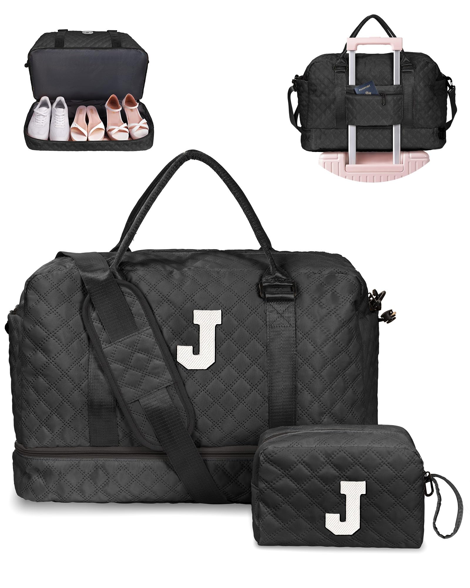 Birthday Gift-Initial Duffle Bag with Shoe Compartment, Personalized Weekender Bag, Monogram Overnight Bag for Women with Trolley Sleeve & Wet Pocket, Travel Bag with Makeup Bag (Letter K)