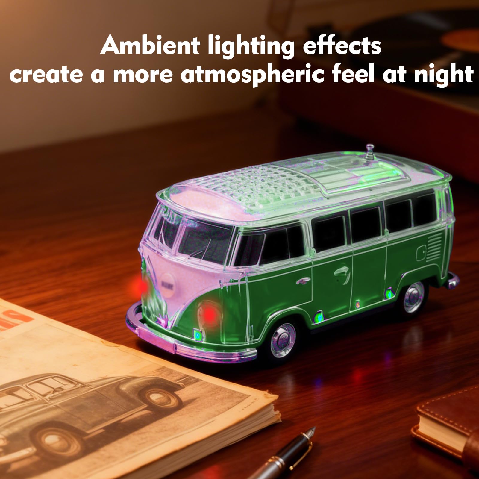 Mini Bus Bluetooth Speaker with Microphone, Portable Speaker Bluetooth, Small Speakers Bluetooth Wireless, LED Light, USB/TF, Car Design, Gift for Men, Men Birthday Gift Ideas (Green)