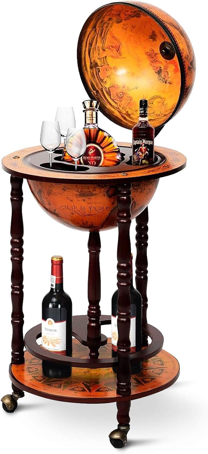 Goplus Globe Bar, 17.5” Liquor Globe Bar Cart with Wheels, Bottom Shelf, Old World Map, 16th Century Italian Replica Retro Wine Alcohol Stand, Globe Bar Cart for Dining Room Living Room Home
