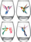 Hummingbird Stemless Wine Glasses Set of 4, Hummingbird Lovers Gifts for Women, Bird and Outdoor Lovers, 15oz Wine Glasses Gifts for Women, Floral Garden Lovers, Forest Birds Hummingbird Decor